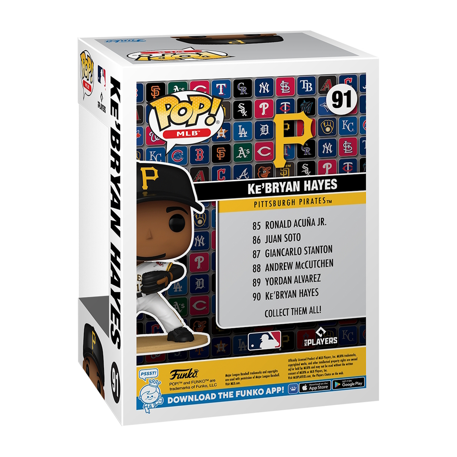 Ke'Bryan Hayes Funko Pop Box, zeigt Spieler und Teamlogos auf der Rückseite.
