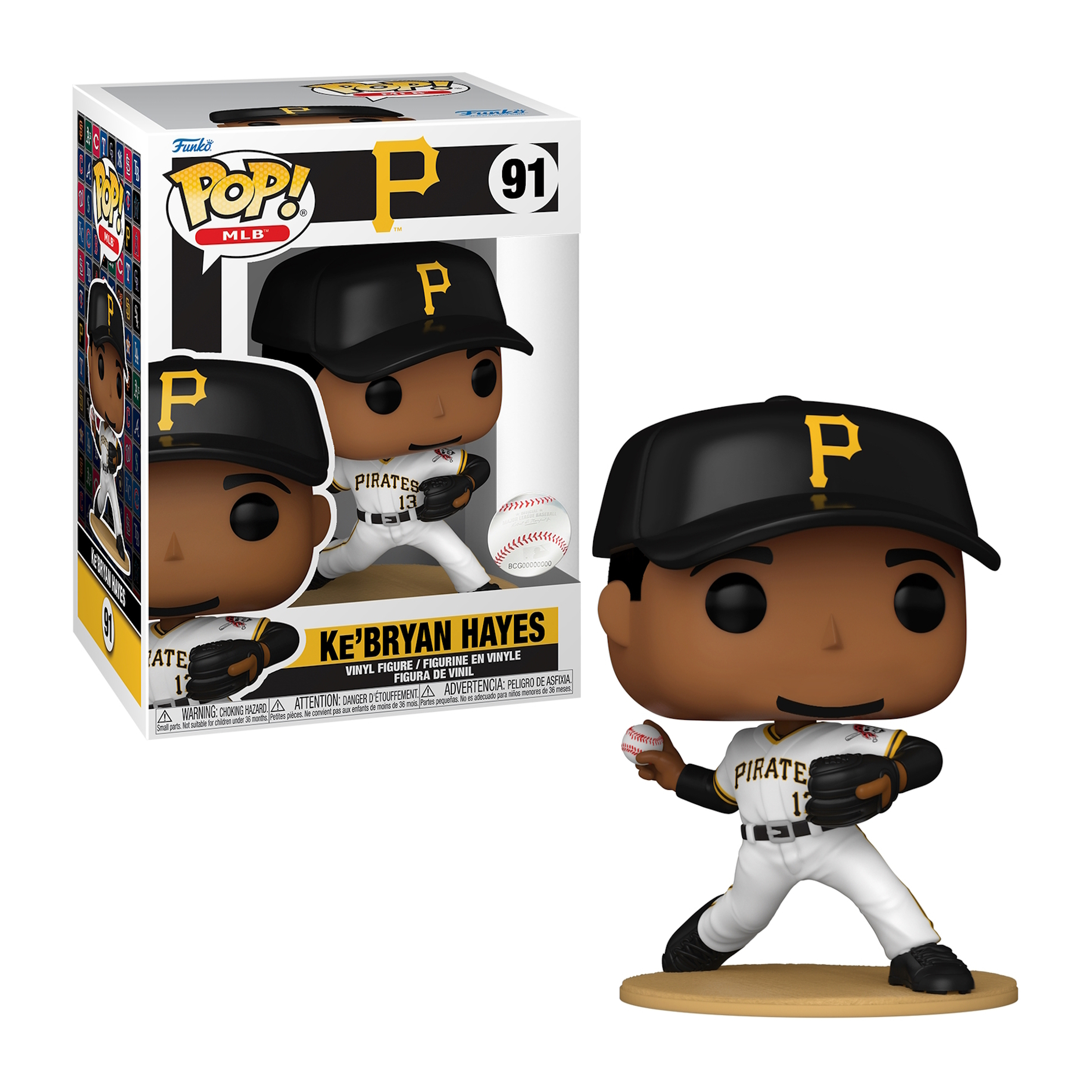 Funko Pop Figur von Ke'Bryan Hayes im Baseball-Outfit, mit Ball und Box.