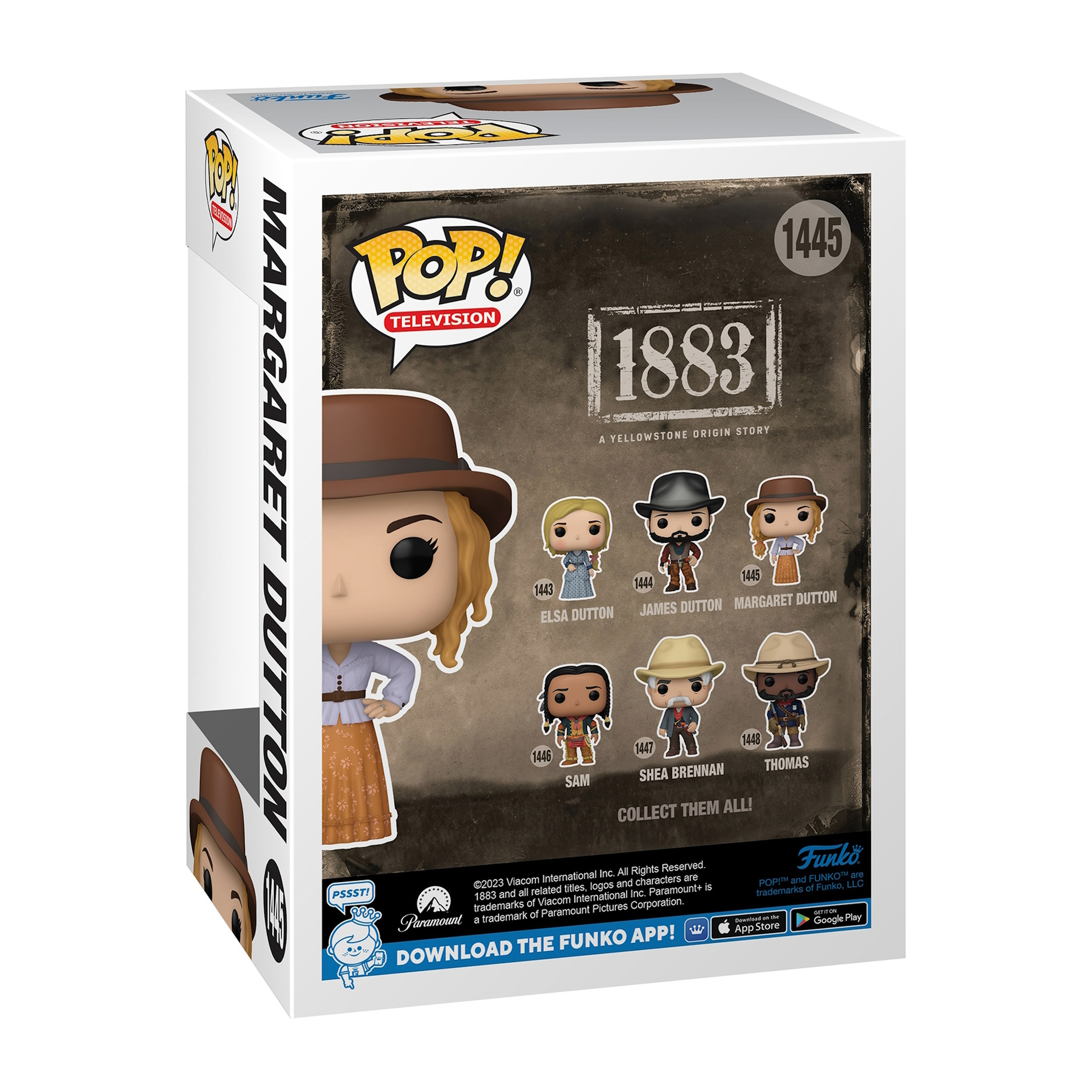 Funko Pop Box für '1883'. Zeigt Figuren von Charakteren aus der Show. Weiße Box mit Bildern und Text.