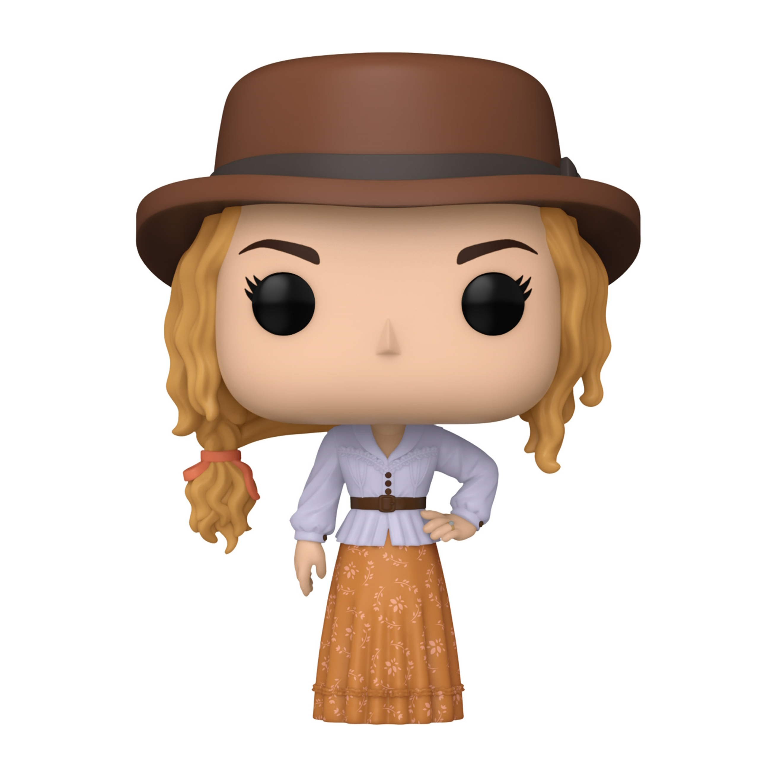 Eine Funko Pop-Figur einer Frau mit blonden Haaren und einem braunen Hut.