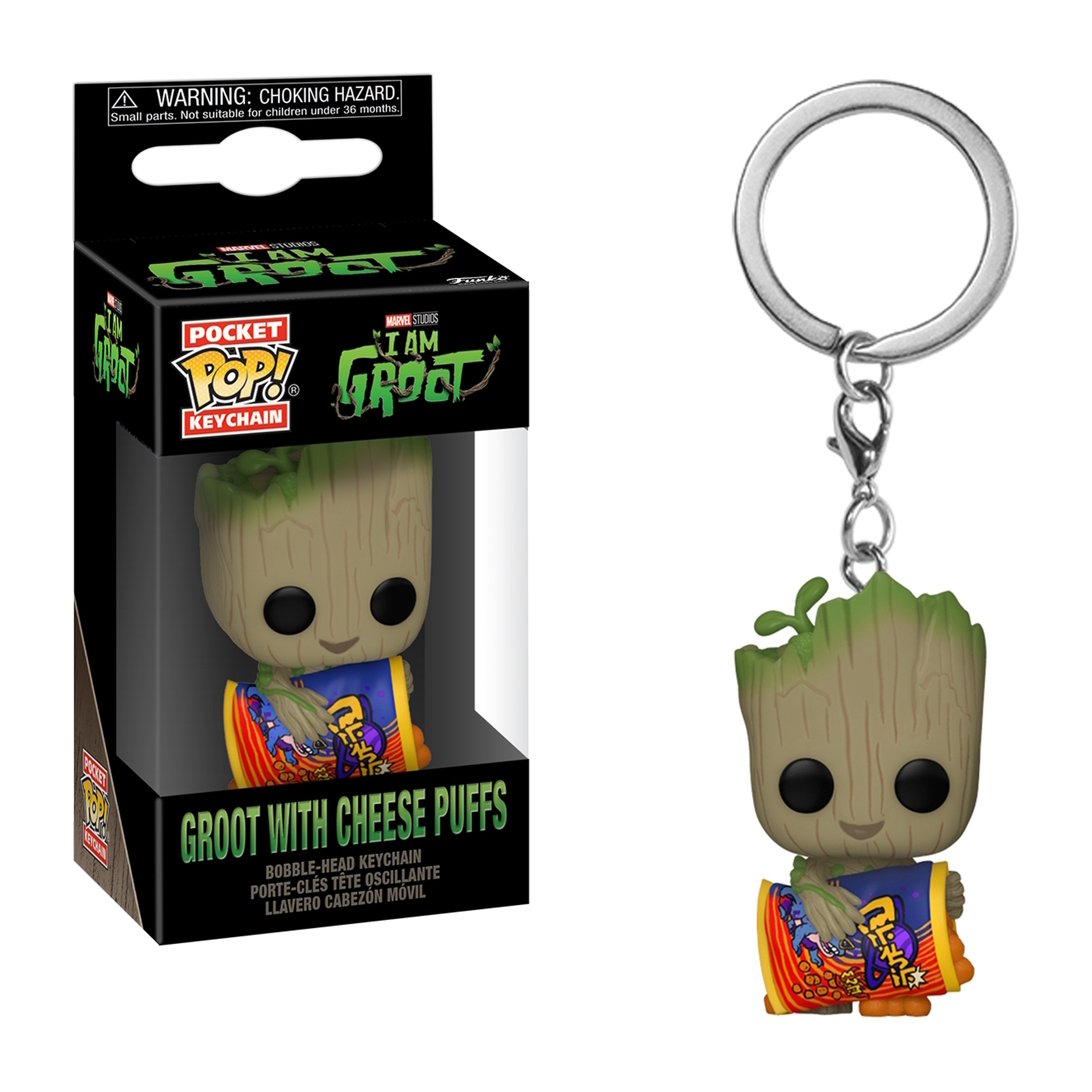 Groot with Cheese Puffs Schlüsselanhänger. Groot mit Käse-Puffs, braune Farbe. Box-Art: I am Groot, Marvel Studios, Funko Pop.