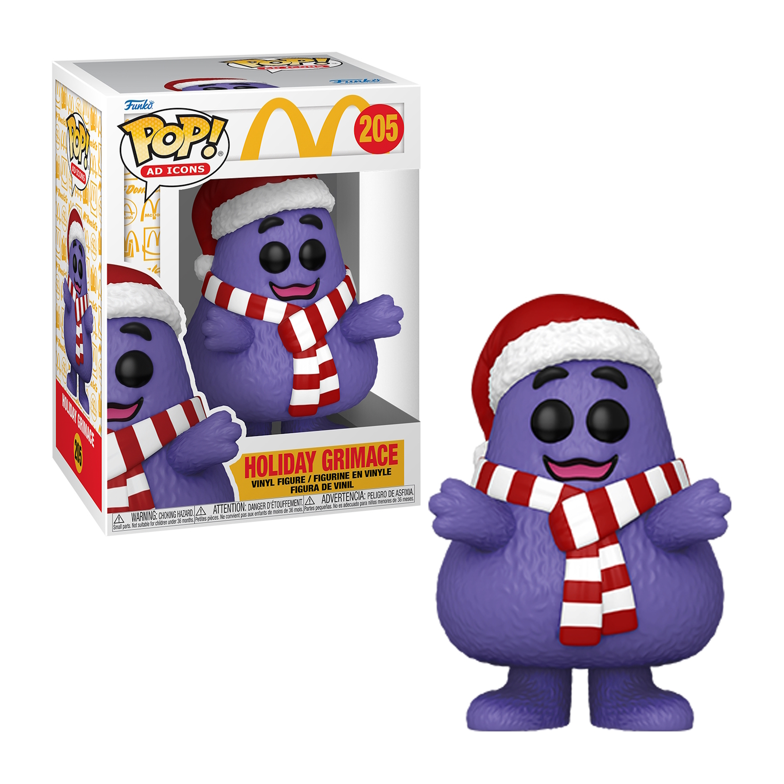 Lila Grimace-Figur mit Weihnachtsmütze und Schal, mit einer Box hinter ihm.