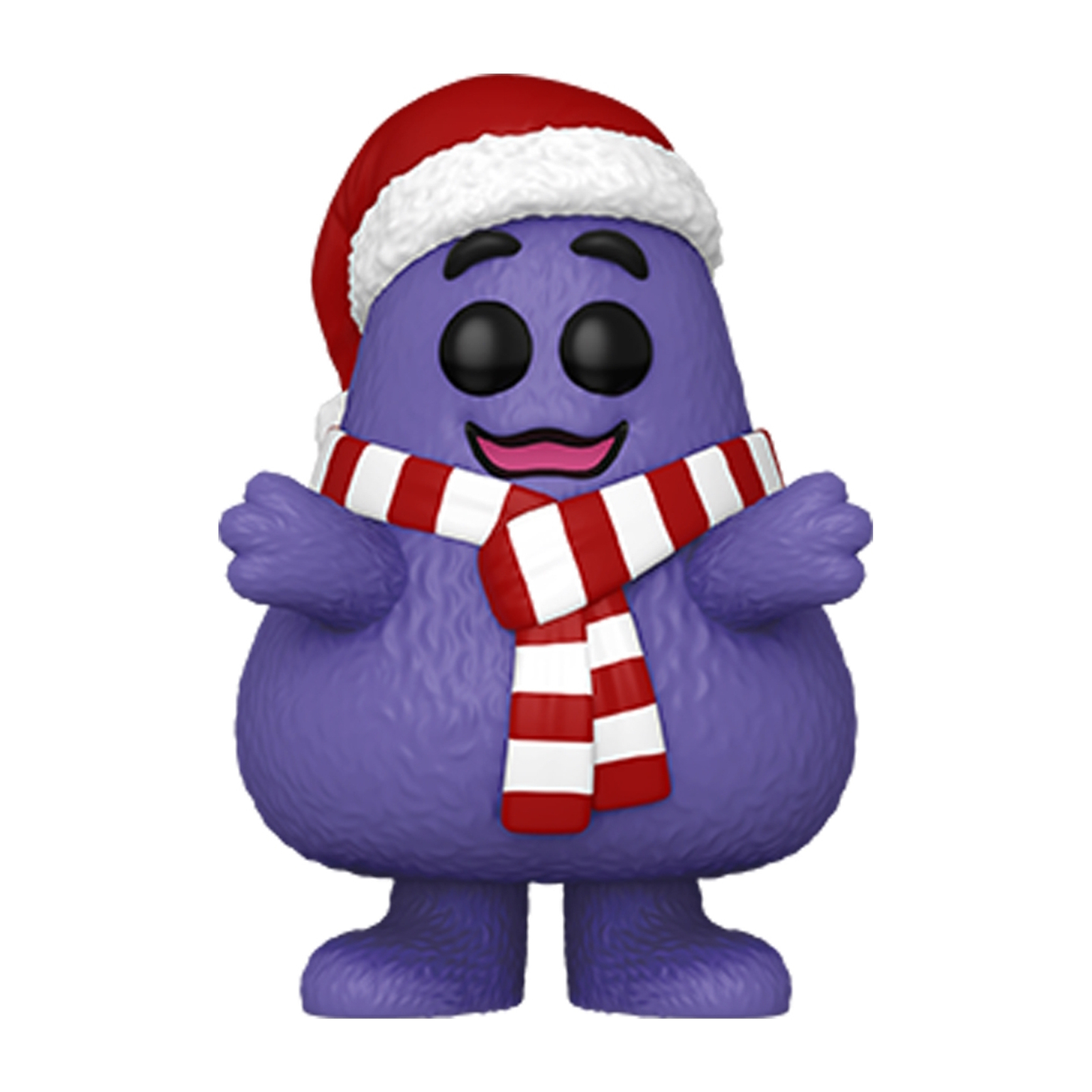 Lila Grimace-Spielzeug mit Weihnachtsmütze und Schal. Weiß-rot gestreifter Schal. Lächeln.
