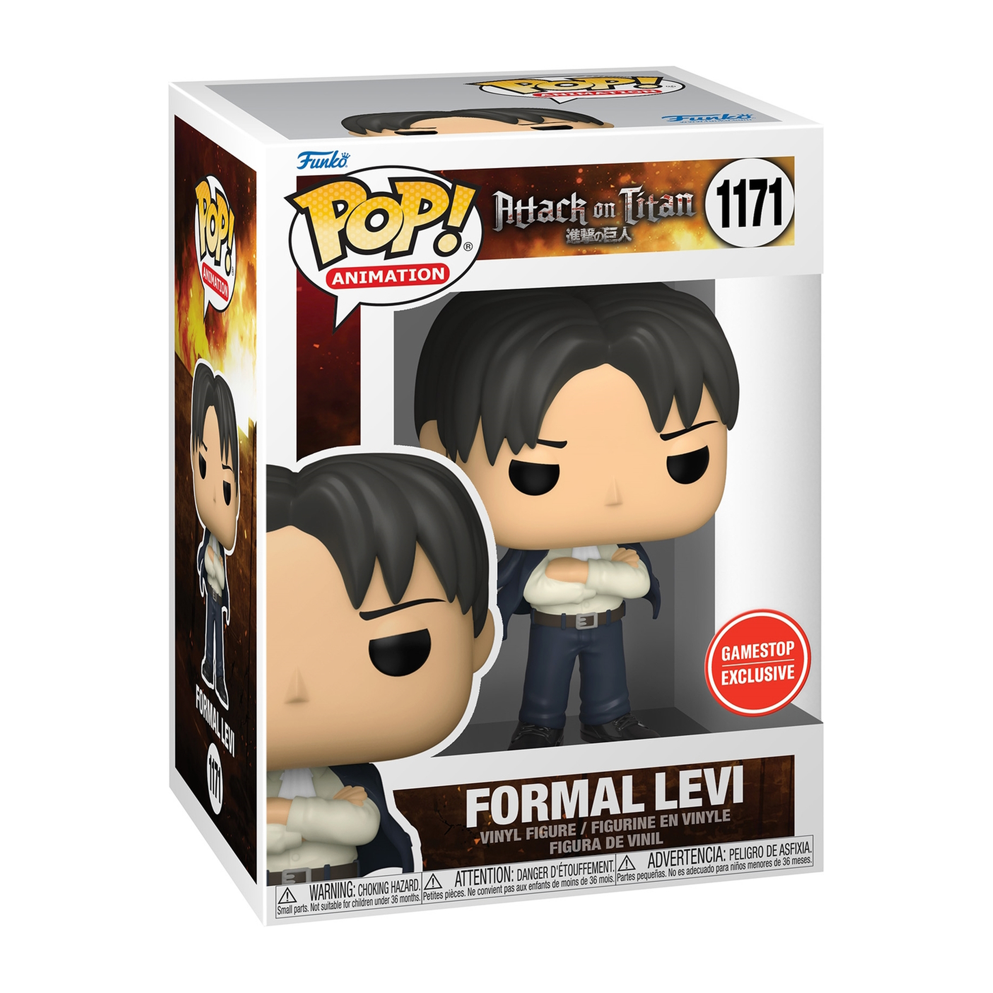Formeller Levi Funko Pop. Ein Mann im Anzug mit weißem Hemd und einer Box mit weißem Hintergrund.