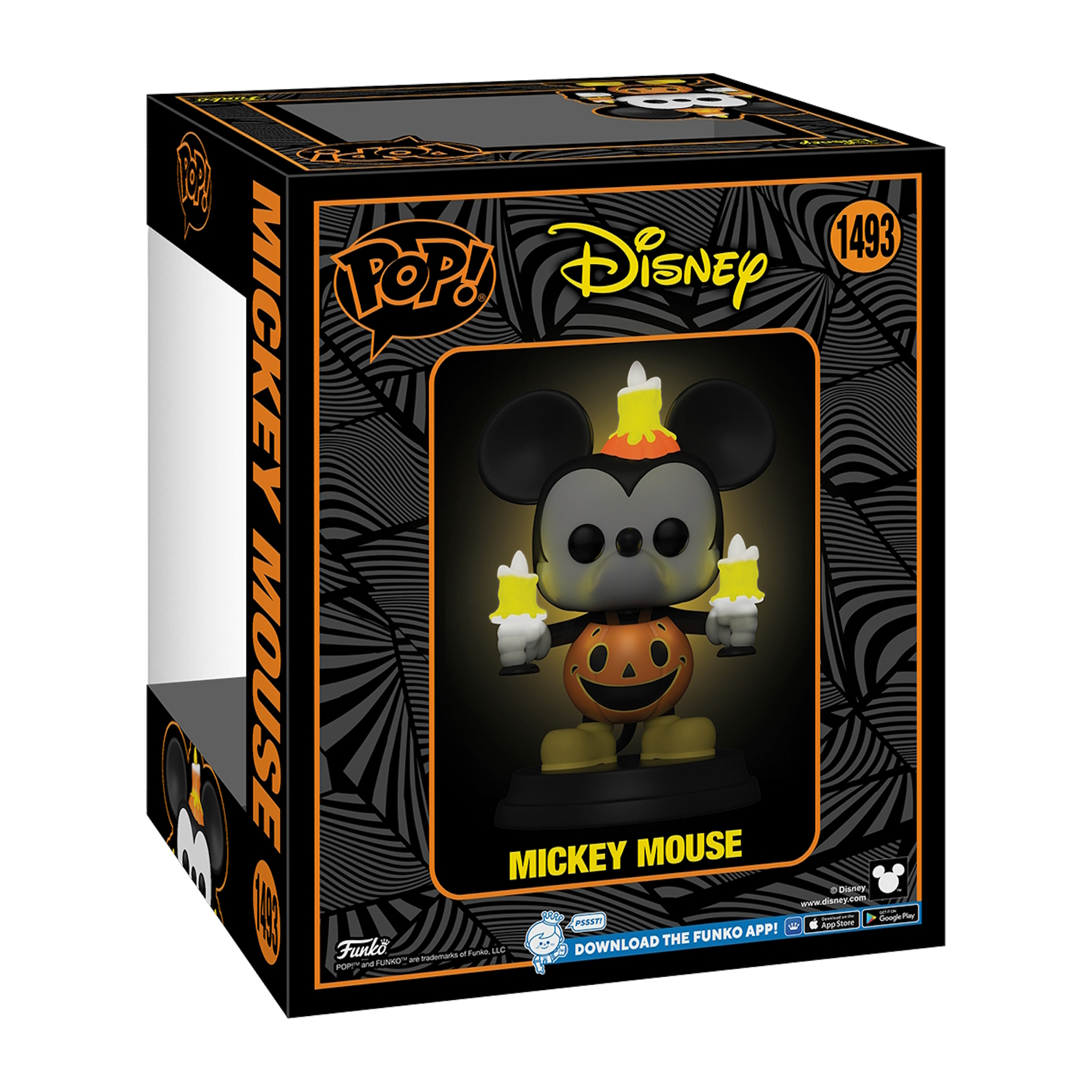Figura Funko Pop de Mickey Mouse Halloween en una caja. Mickey tiene cabeza de calabaza.