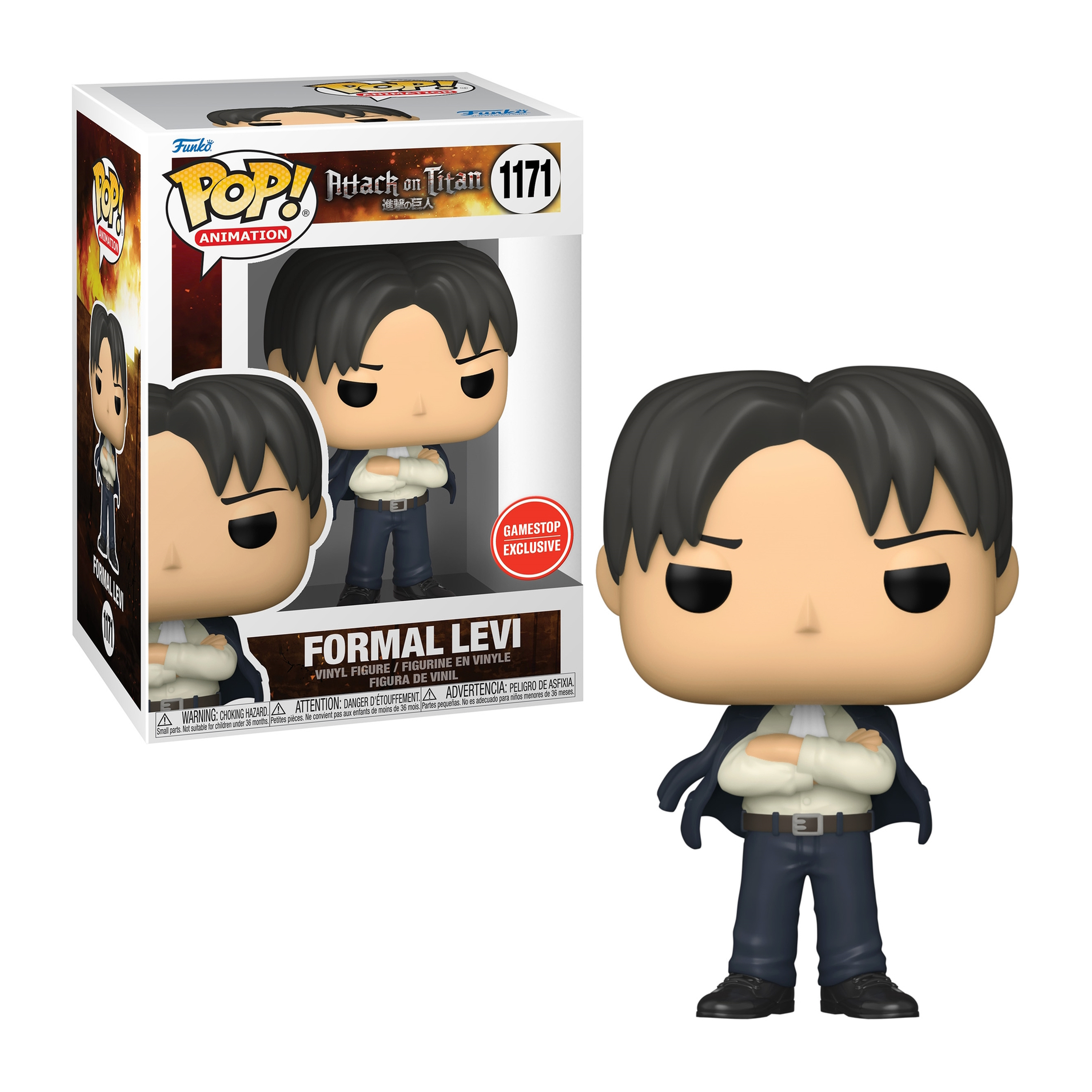 Formale Levi Funko Pop Figur mit verschränkten Armen, Anzug, dunkles Haar, weiß.