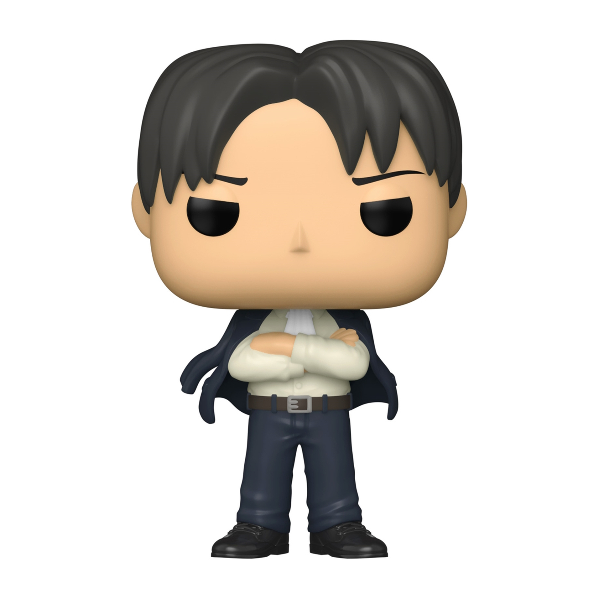 Eine Funko Pop Figur eines Mannes mit verschränkten Armen. Er trägt ein weißes Hemd, blaue Hose und eine dunkle Jacke.