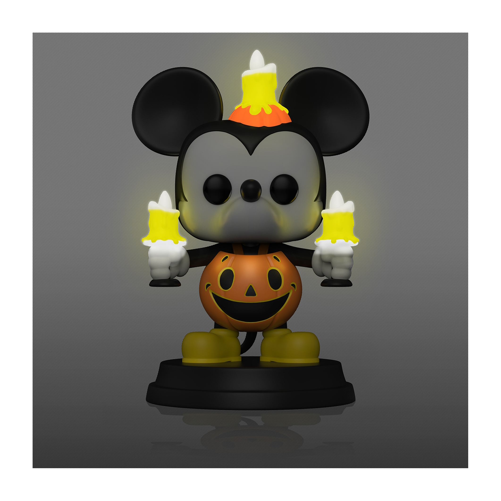 Figura Funko Pop de Mickey Mouse. Disfrazado de calabaza, sosteniendo velas, sobre una base negra, con efecto brillante.