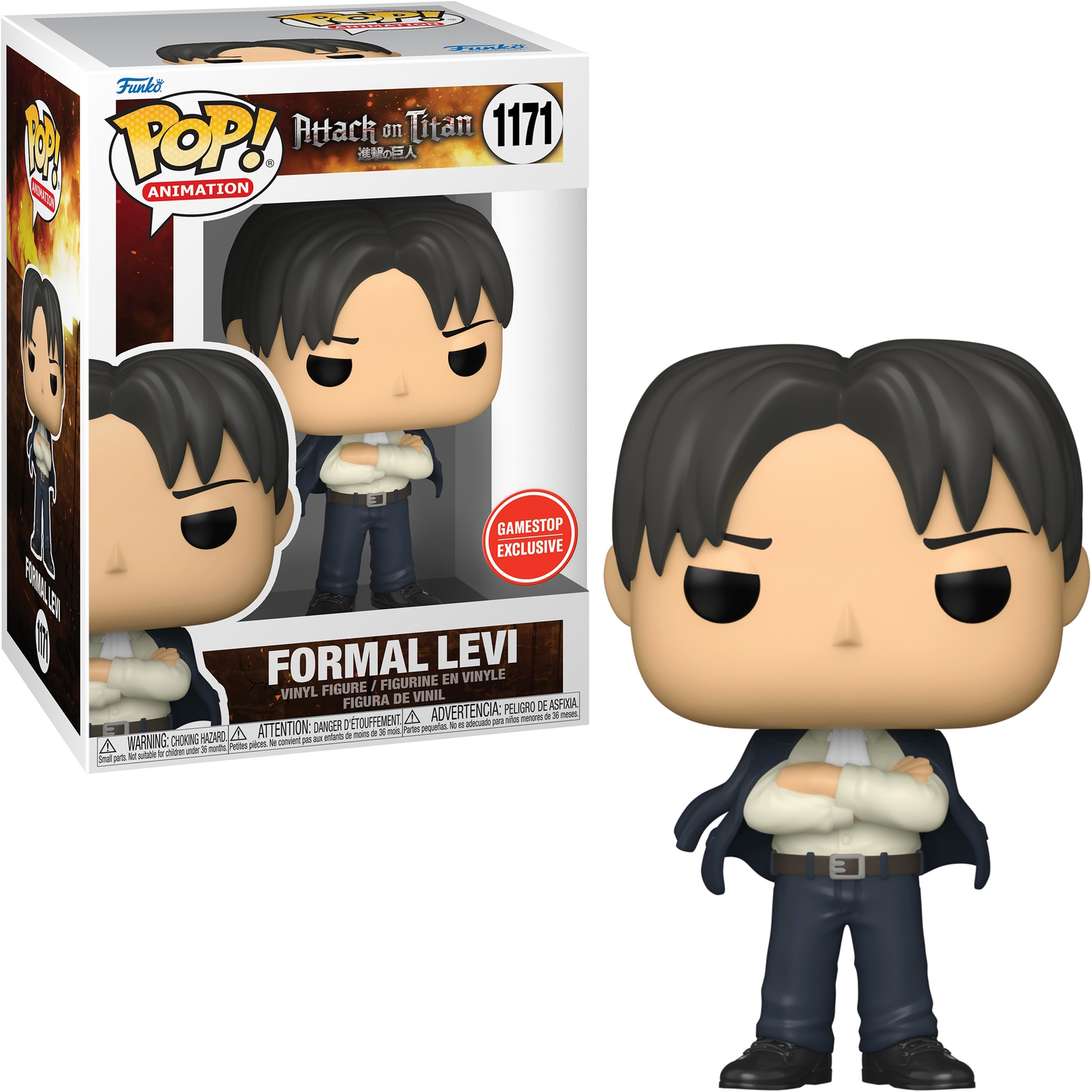 Eine Funko Pop Figur von Levi aus Attack on Titan, im Anzug mit verschränkten Armen.