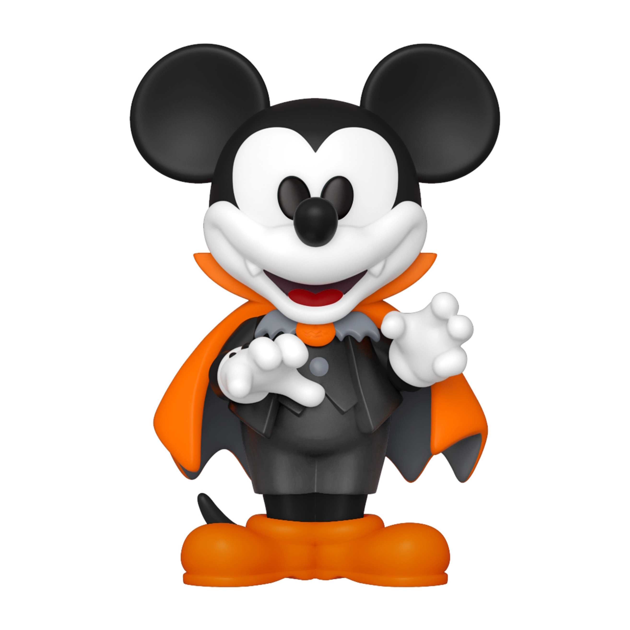 Mickey Mouse in einem Vampirkostüm mit orangefarbenem Umhang.