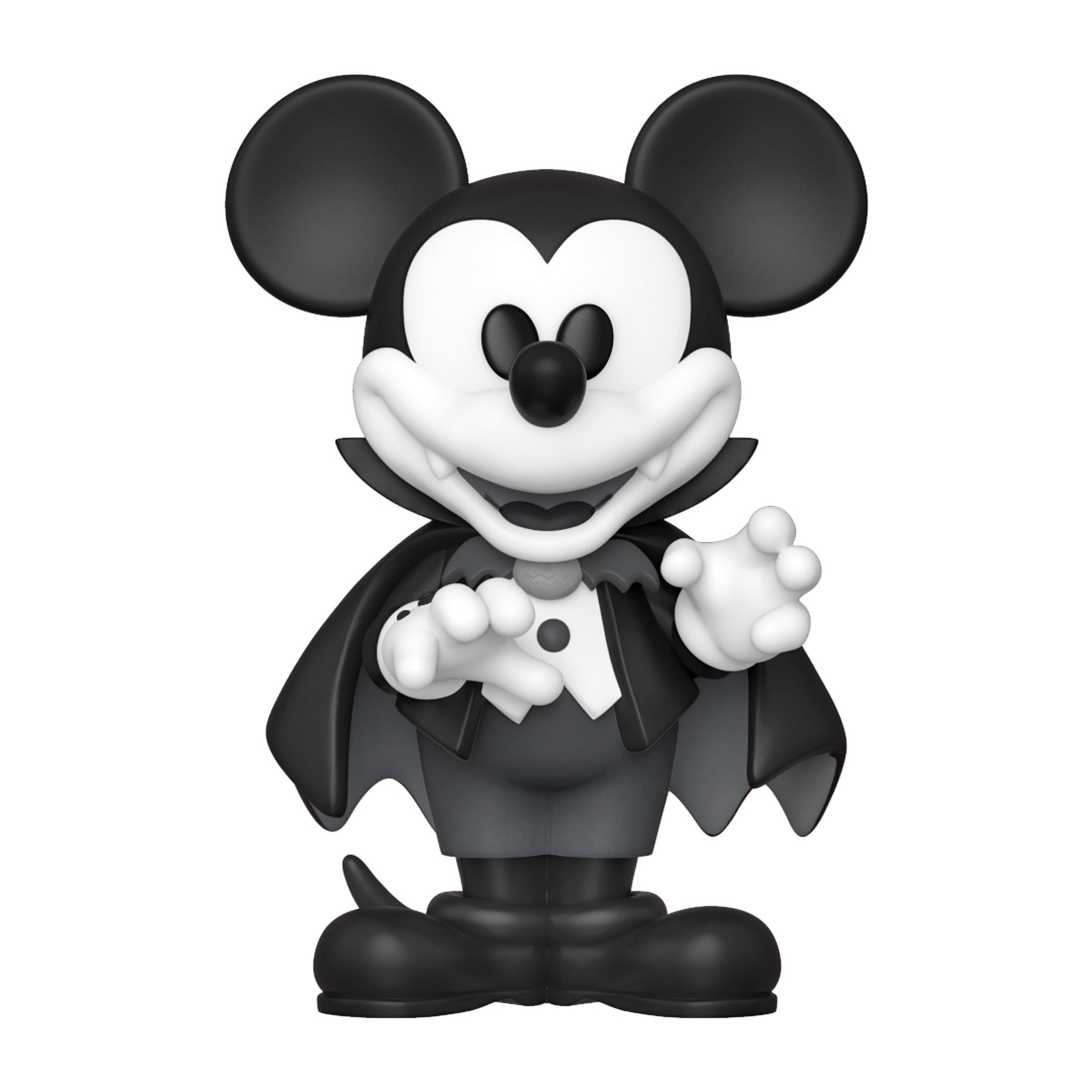 Schwarz-weiß Mickey Mouse Vampirfigur mit Umhang, Hände hoch.