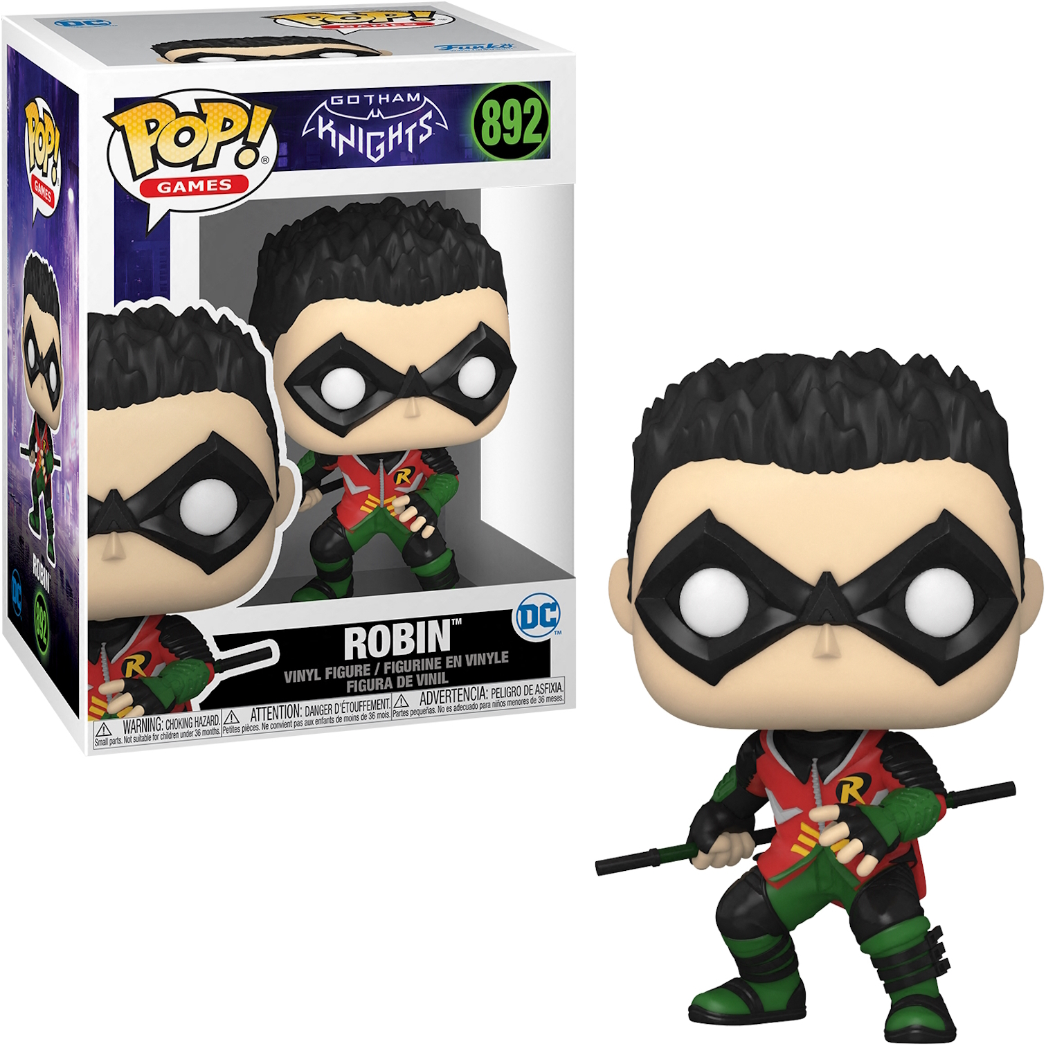Figura de Robin en caja, Robin de pie fuera de la caja. Traje rojo y verde, máscara y pelo negros.