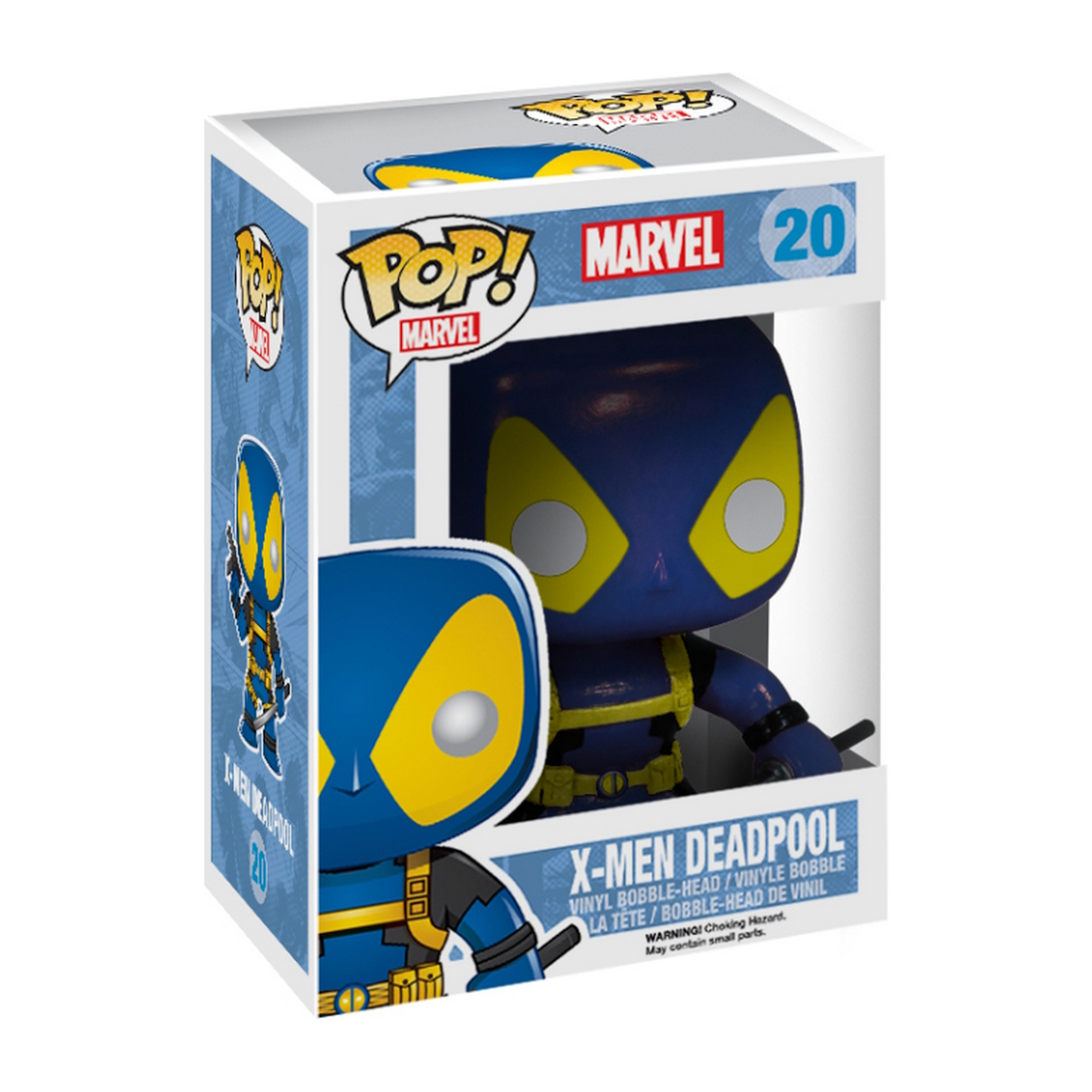 Deadpool Funko Pop Figur in Box. Die Figur ist blau und gelb, mit Maske und Gürtel.