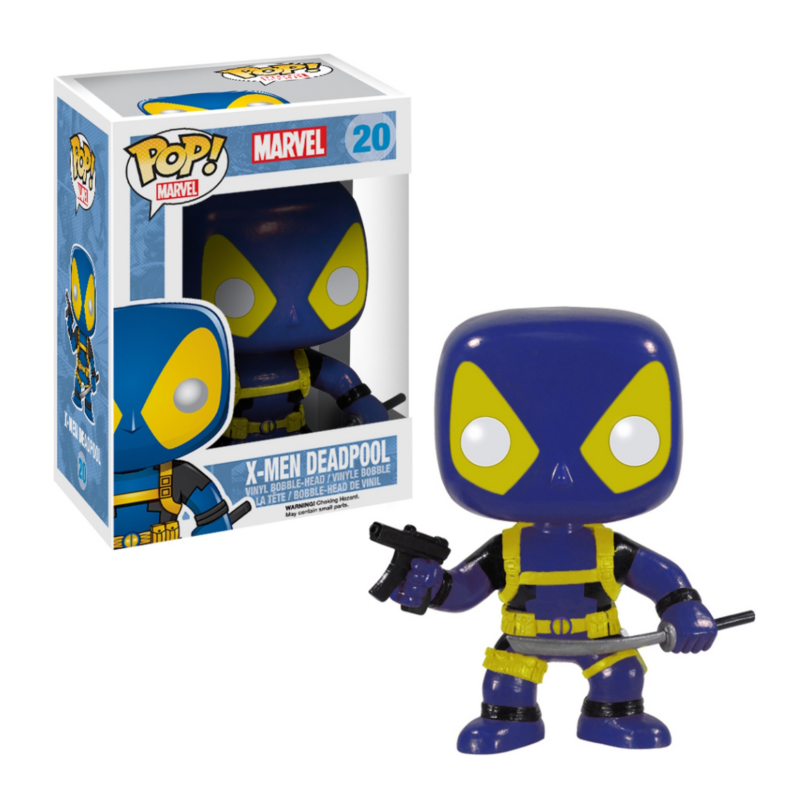 Eine Funko Pop-Figur von X-Men Deadpool mit einer Pistole und einem Schwert. Die Box ist im Hintergrund.