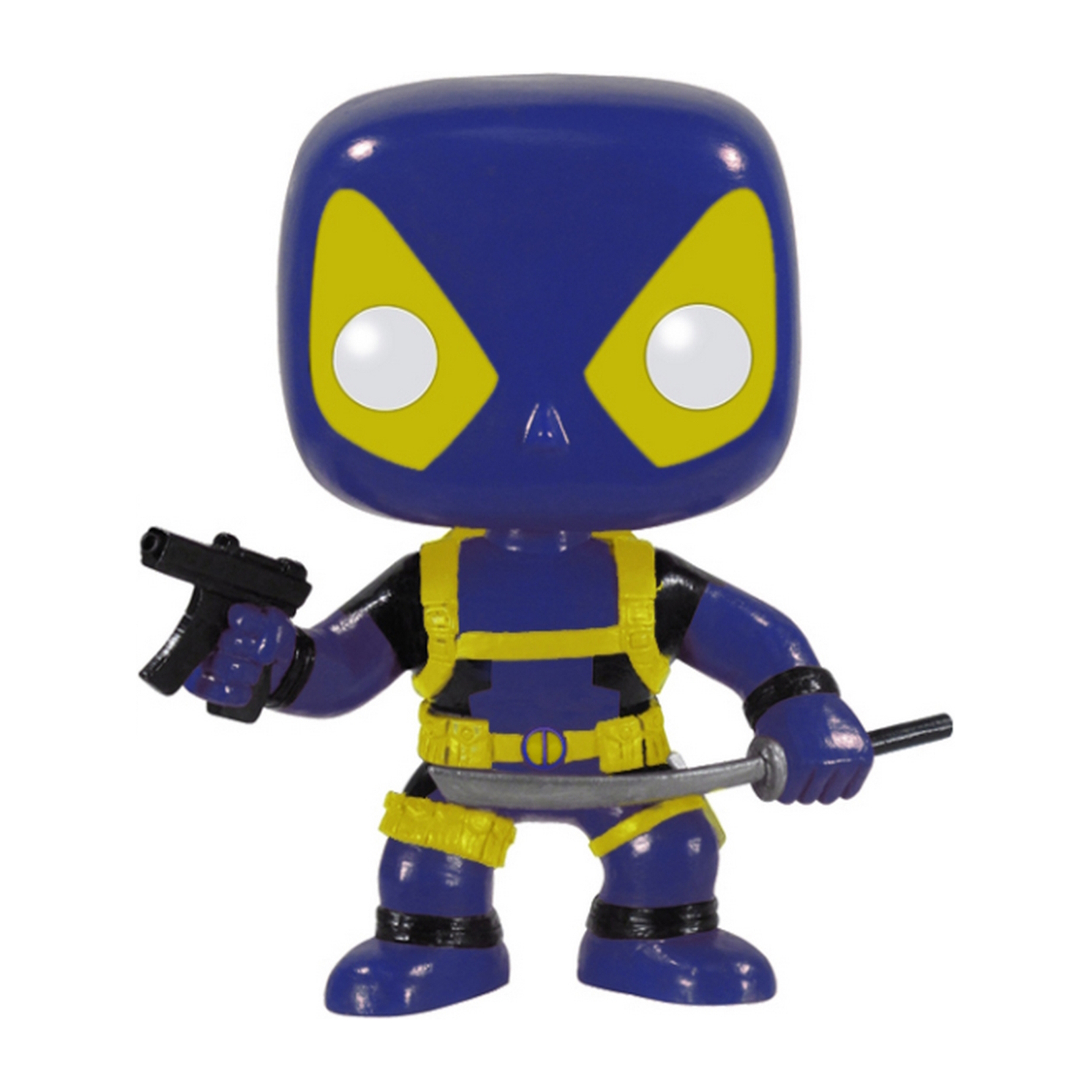 Eine Funko Pop Figur eines blauen Deadpool, der Waffen und ein Schwert hält.