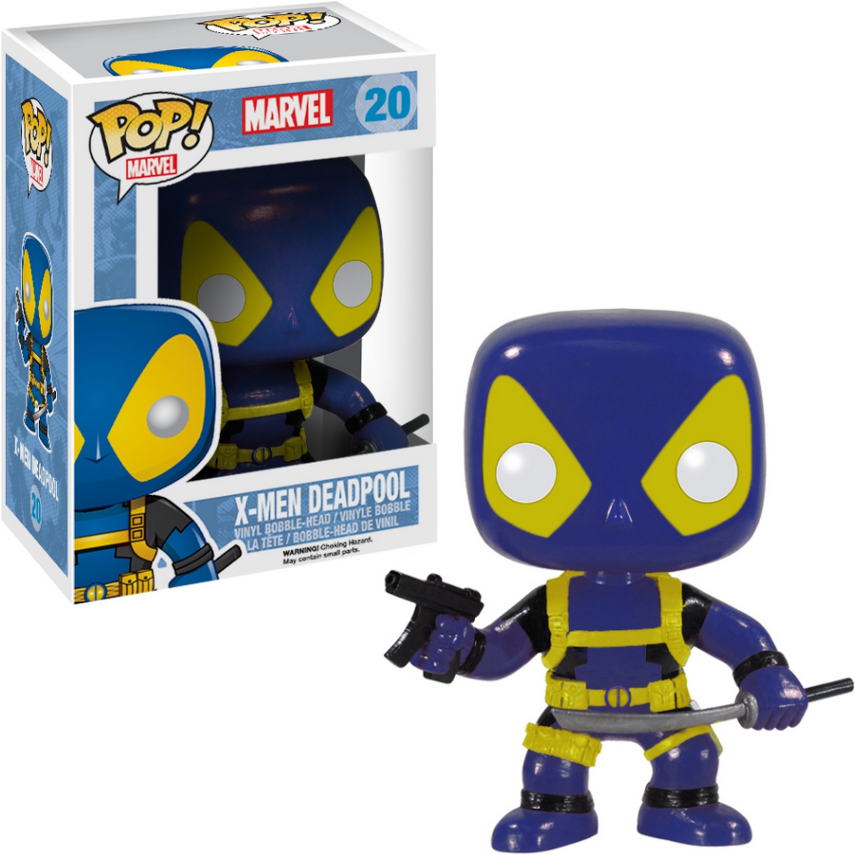 X-Men Deadpool Funko Pop Figur. Blau-gelber Anzug. Hält Waffen und Schwert.