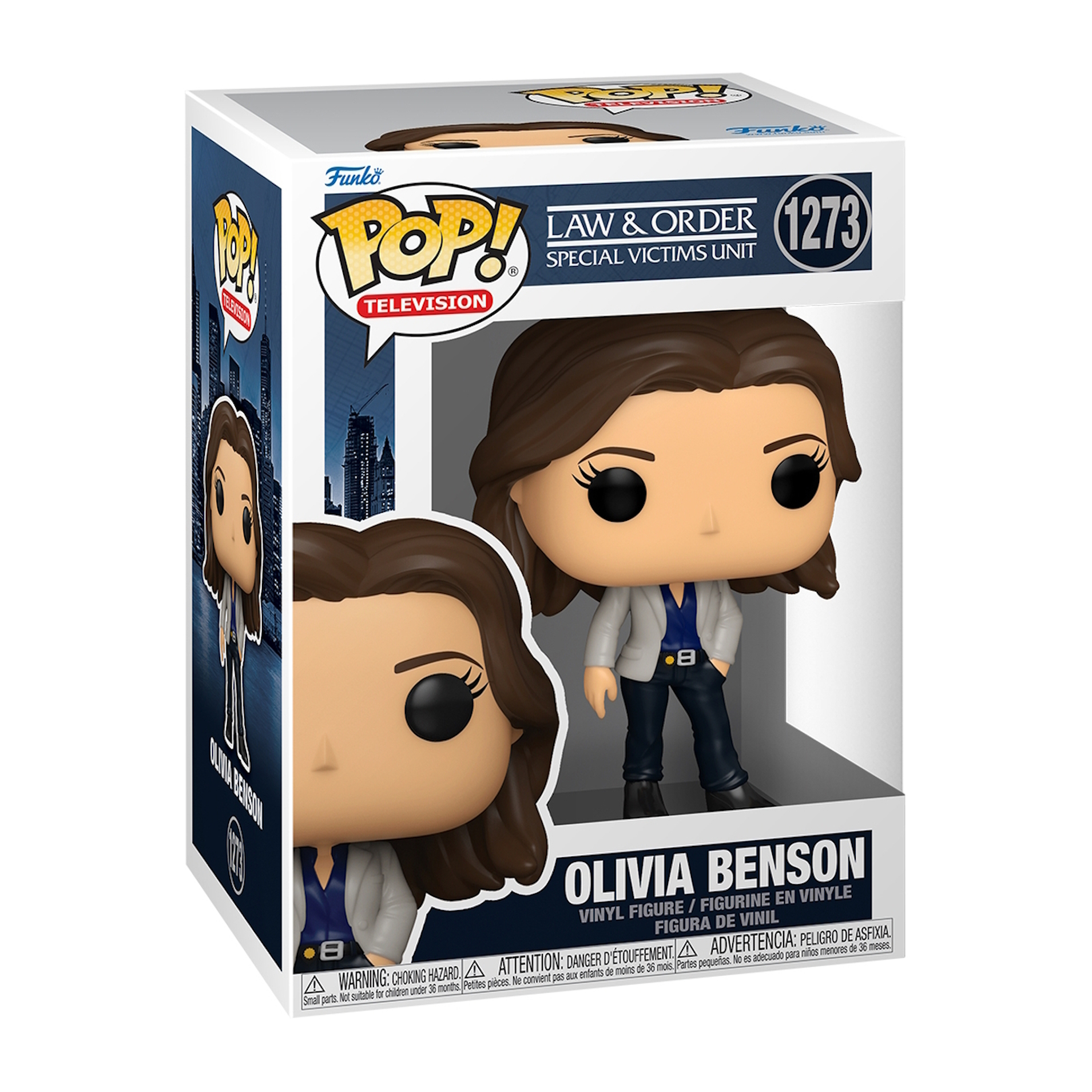 Olivia Benson Funko Pop. Braunes Haar, graue Jacke, schwarze Hose. Figur in Box.