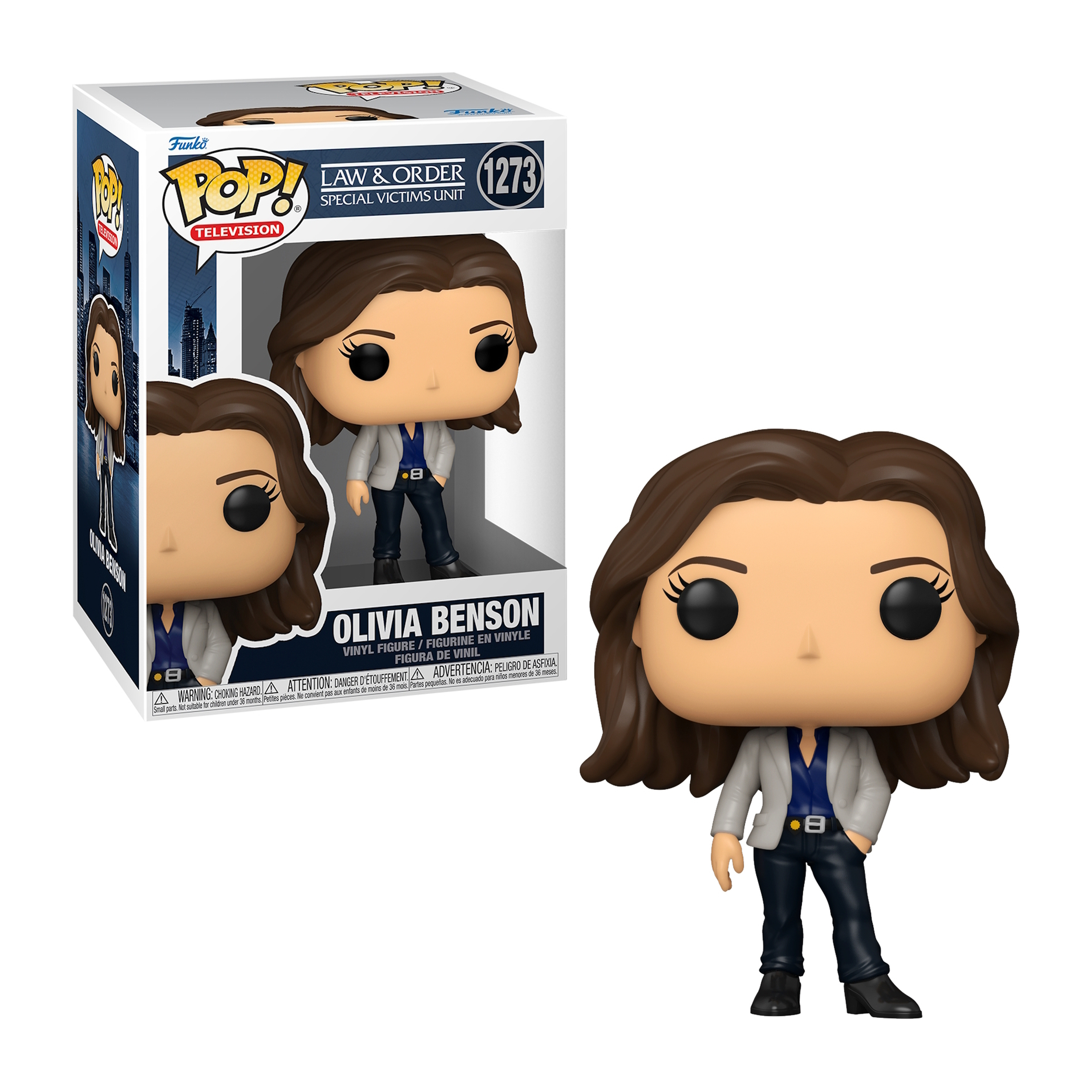 Funko Pop-Figur von Olivia Benson aus Law & Order, mit grauer Jacke und schwarzer Hose.