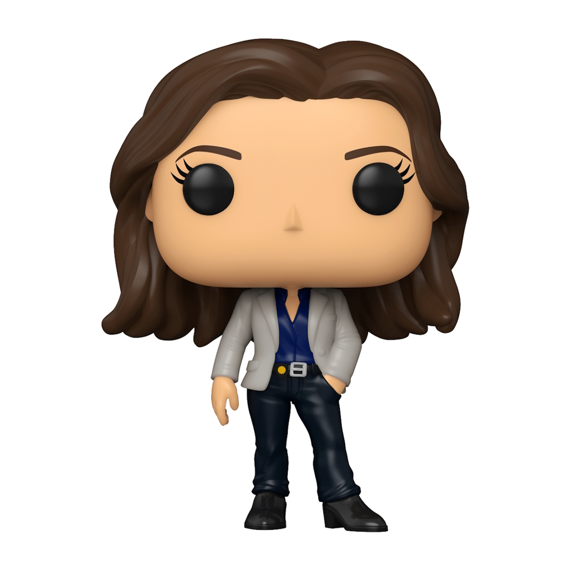 Funko Pop-Figur einer Frau. Braune Haare, graue Jacke, blaues Hemd, schwarze Hose.