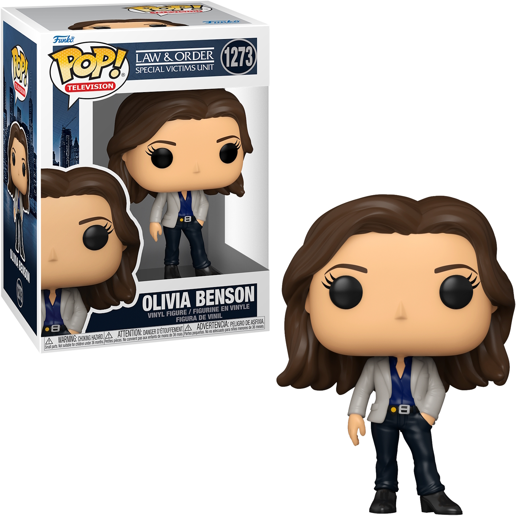 Olivia Benson Funko Pop Figur mit einer Box im Hintergrund.