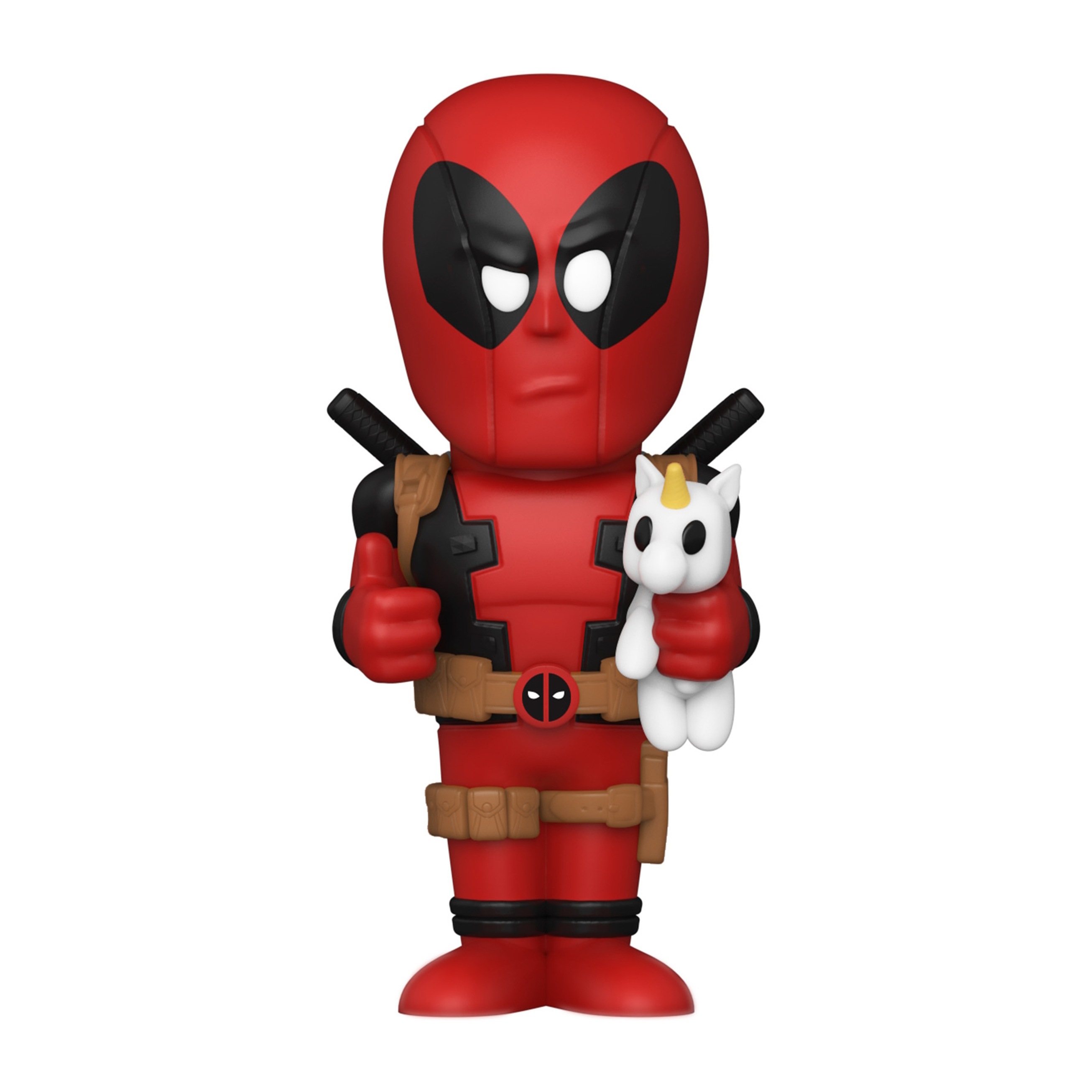 Eine Deadpool Funko Pop Figur, die ein Einhorn-Spielzeug hält, mit Daumen hoch.