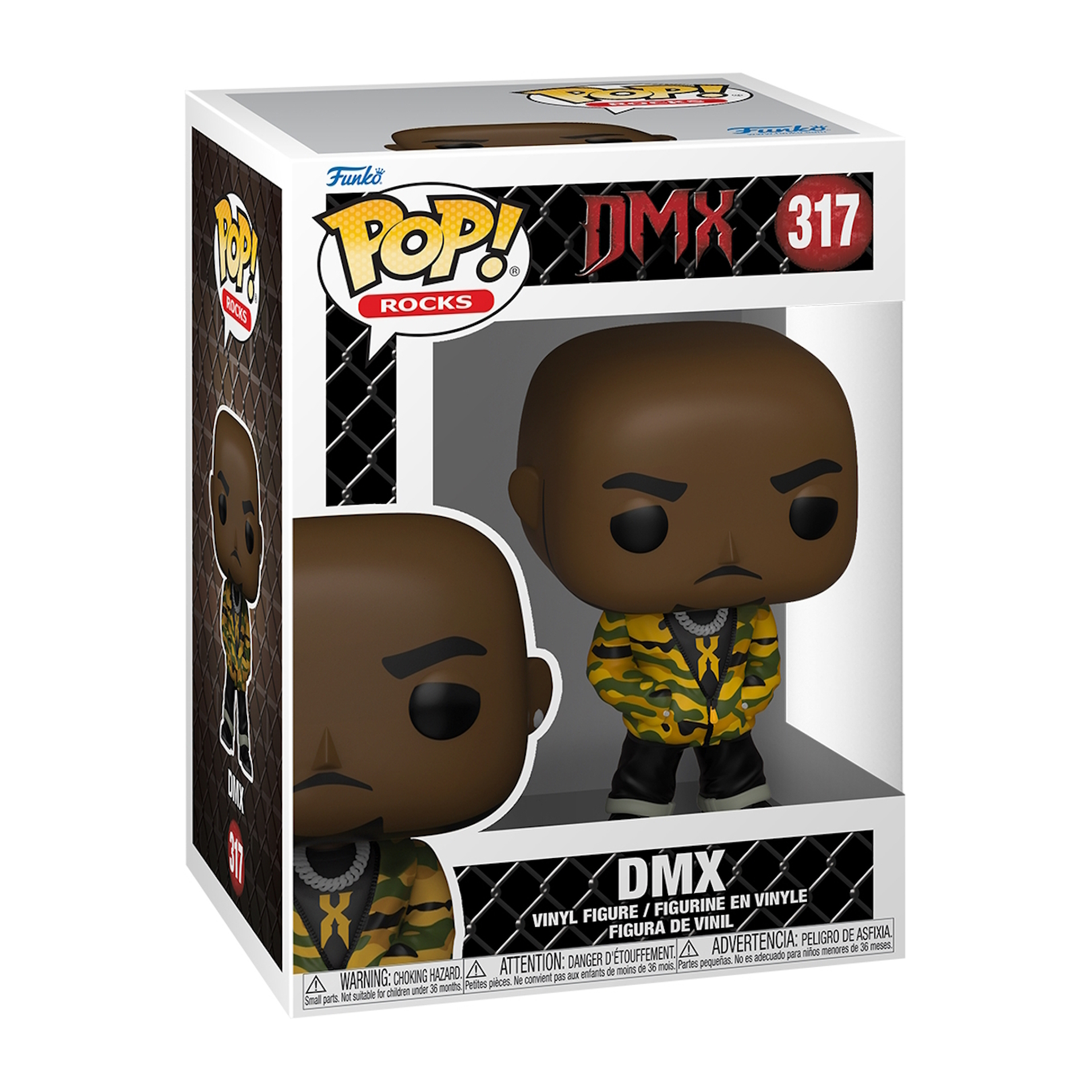 Figurka DMX Funko Pop w pudełku. Postać w kurtce moro i srebrnym łańcuchu. Tło pudełka.