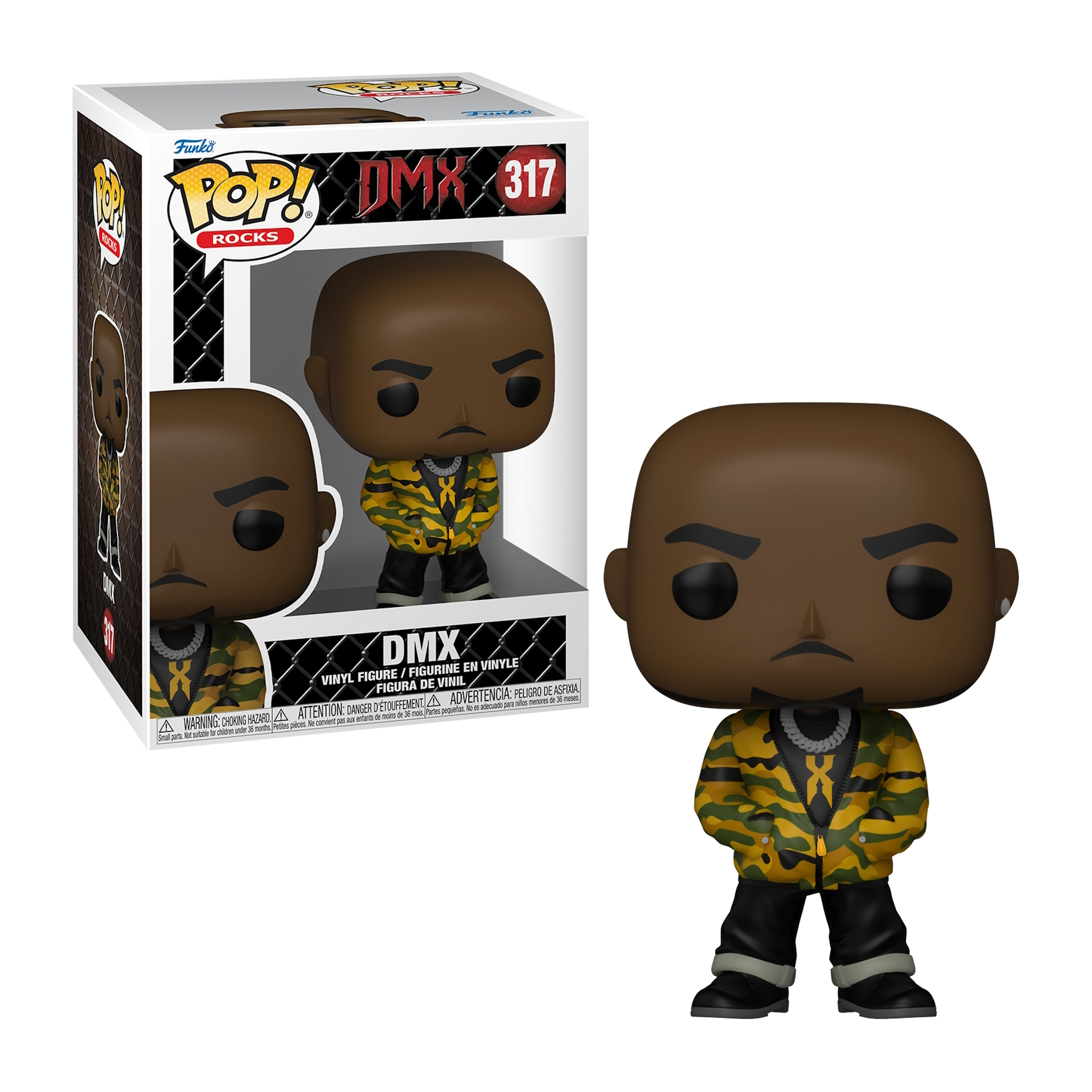 Figurka Funko Pop DMX w kamuflażowej kurtce i czarnych spodniach. Łysa głowa, poważny wyraz twarzy. Pudełko po lewej.