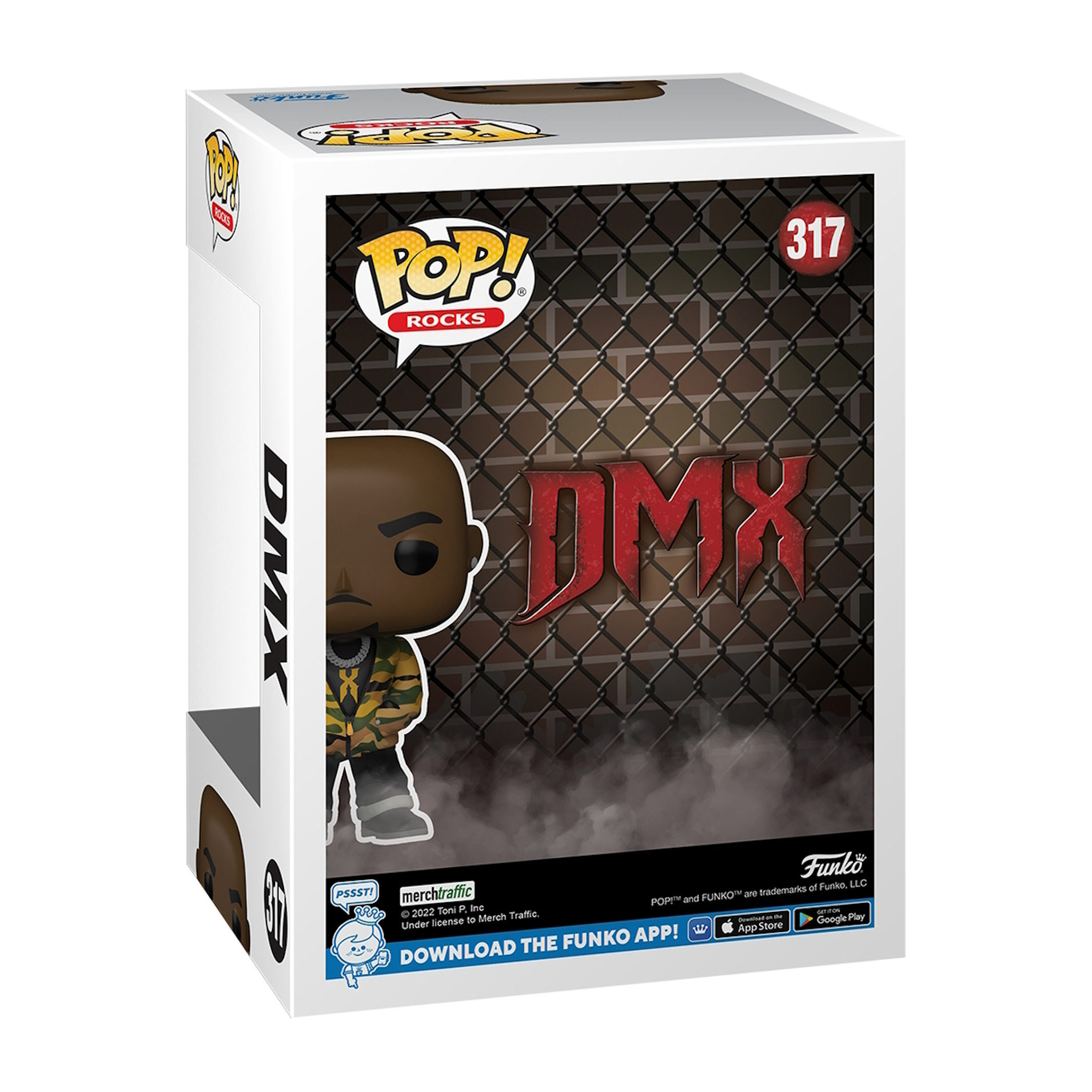 Figurka DMX Funko Pop w kurtce moro na pudełku z tłem z logo DMX.