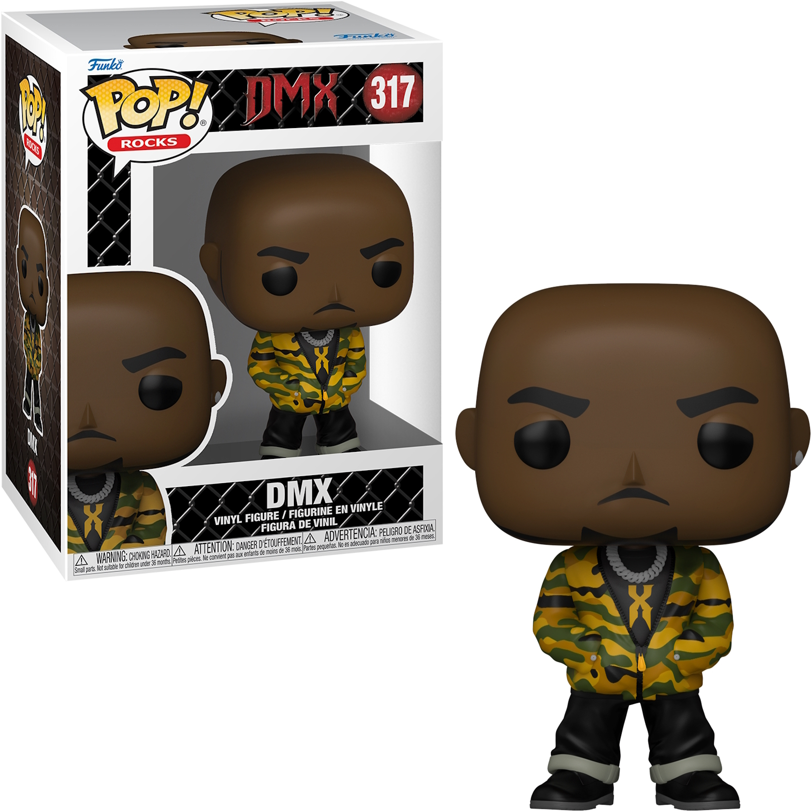 Figurka DMX Funko Pop! w żółto-zielonej kurtce moro, czarnych spodniach i naszyjniku.