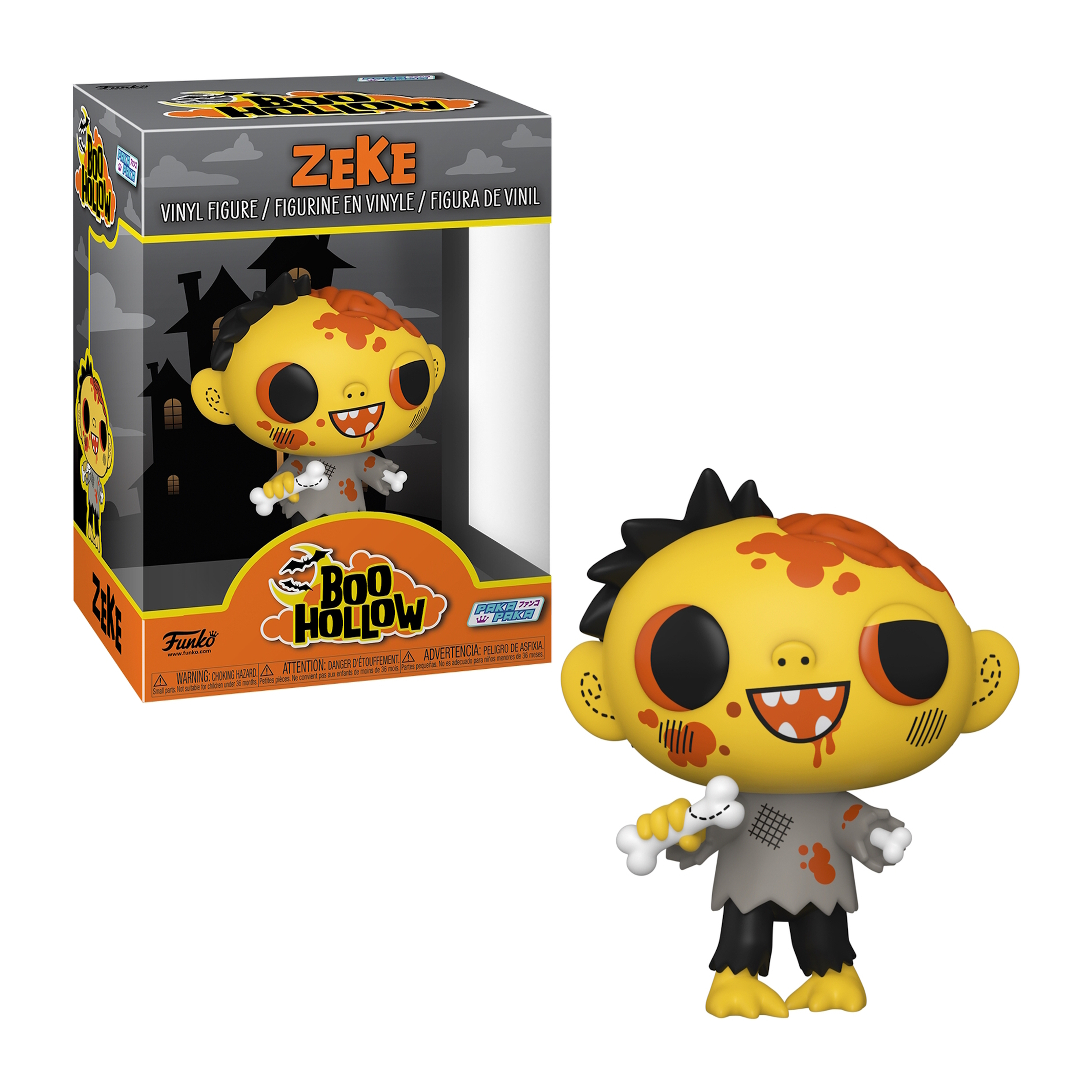 Zeke Boo Hollow Funko Pop Figur in und außerhalb der Box. Gelbe Haut, orangefarbene Flecken, Zombie-Aussehen.