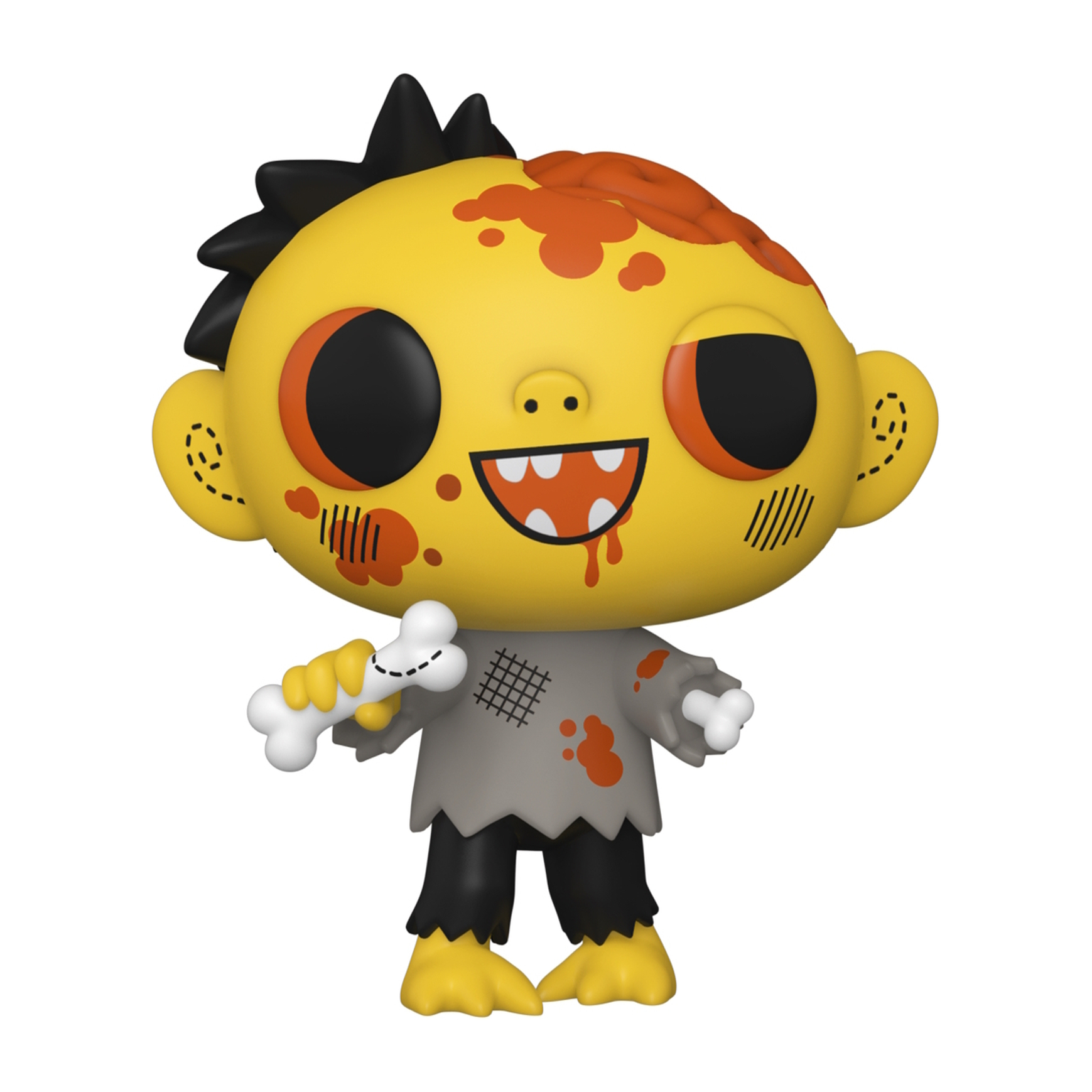 Gelbe zombieartige Figur mit schwarzen Augen, stacheligem Haar, Blut, Knochen haltend. Graue Kleidung.