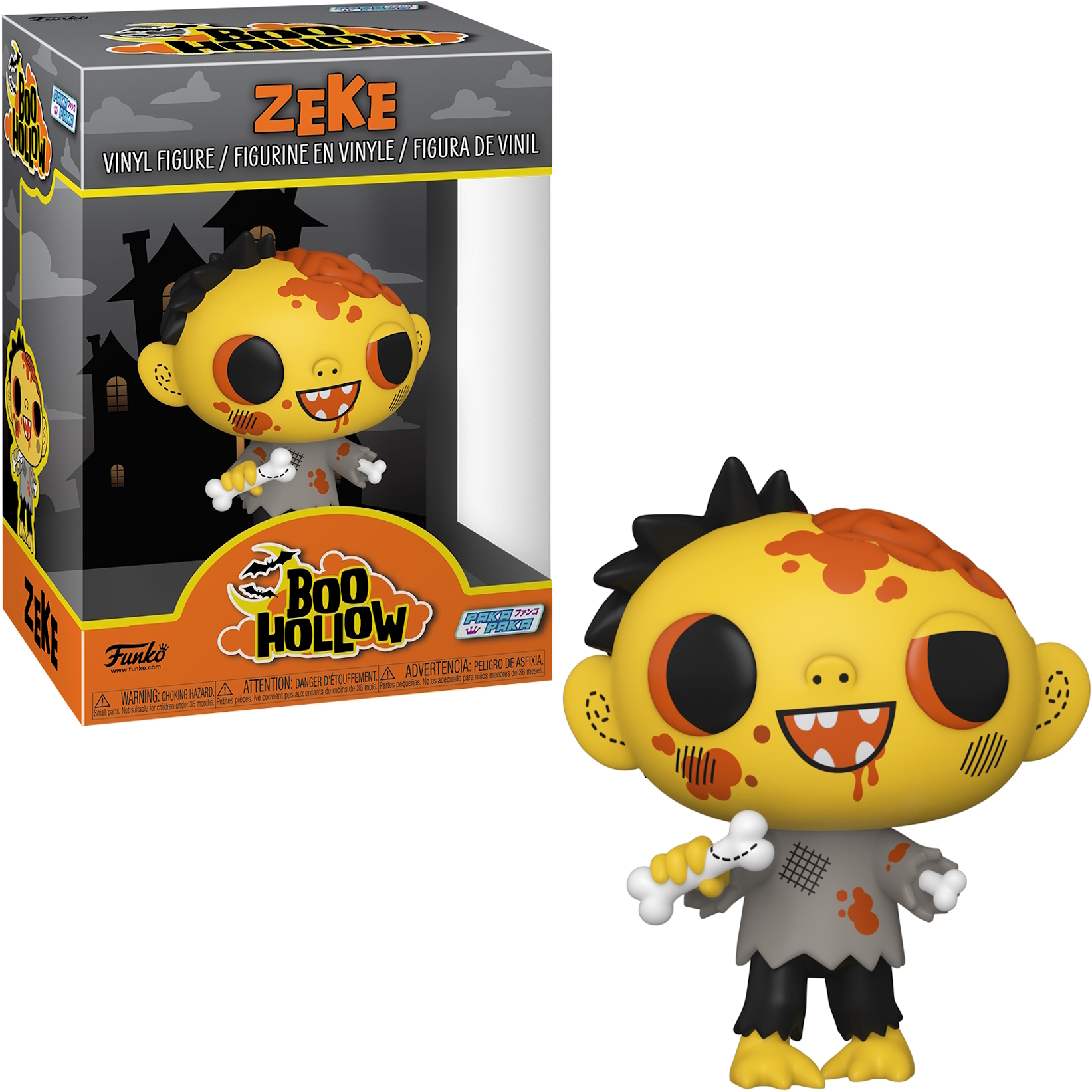 Eine gelbe Zombie-Figur mit roten Flecken und Blut, die einen Knochen hält, mit einem schwarz-grauen Outfit.
