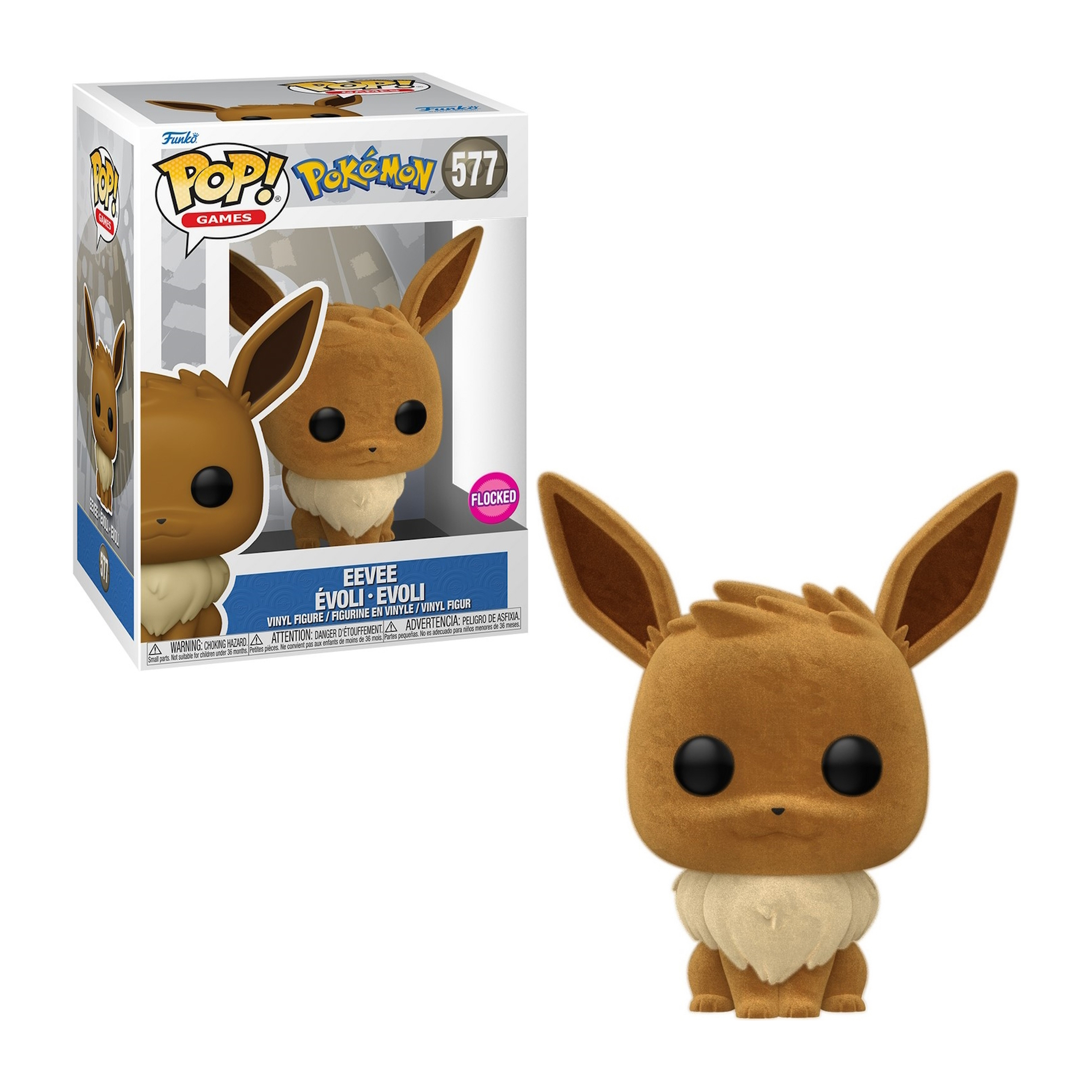 Eevee Figur von Pokémon, in einer Box. Weißer Hintergrund.