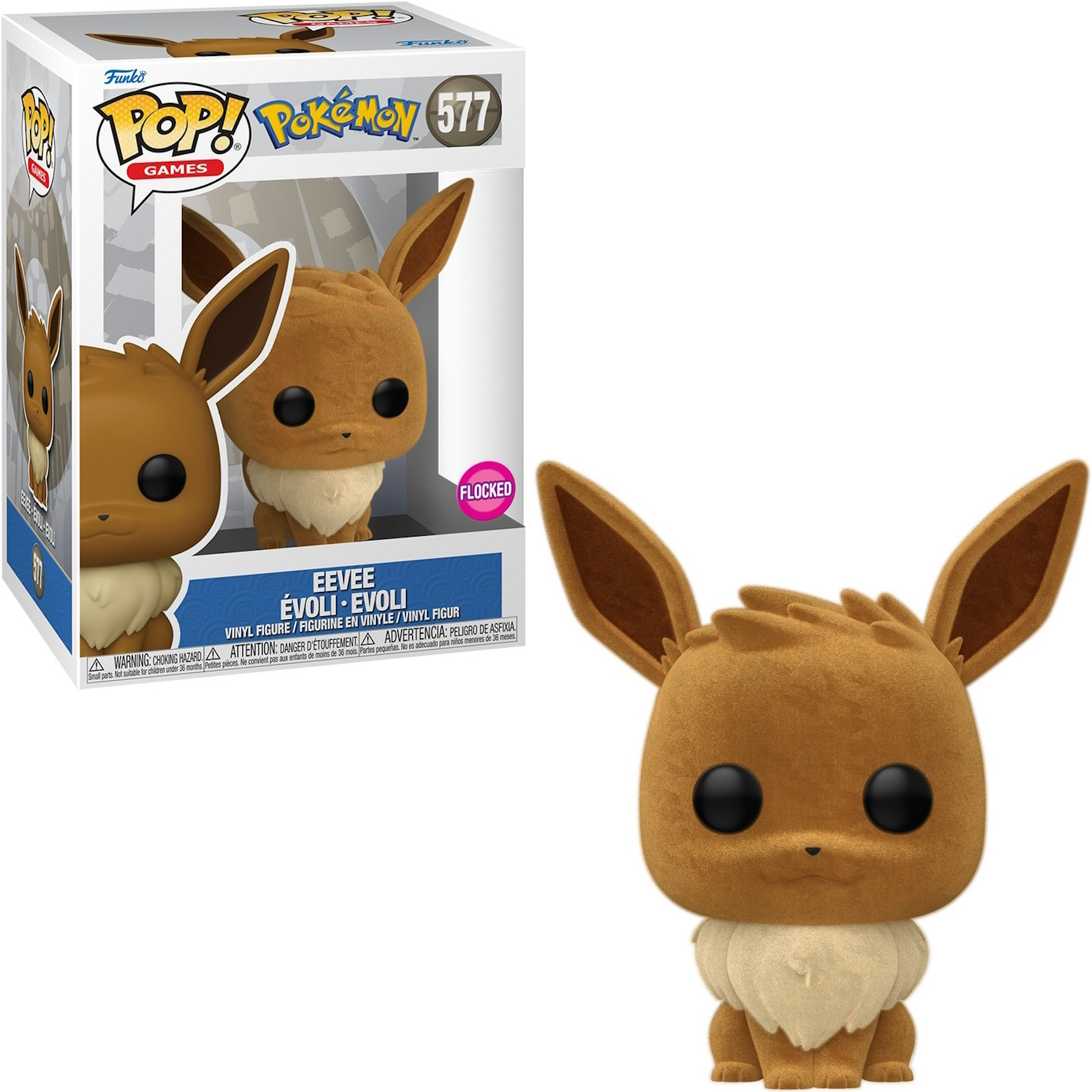 Eine Evoli Funko Pop-Figur und ihre Box. Evoli ist braun mit großen Ohren und flauschigem Kragen.
