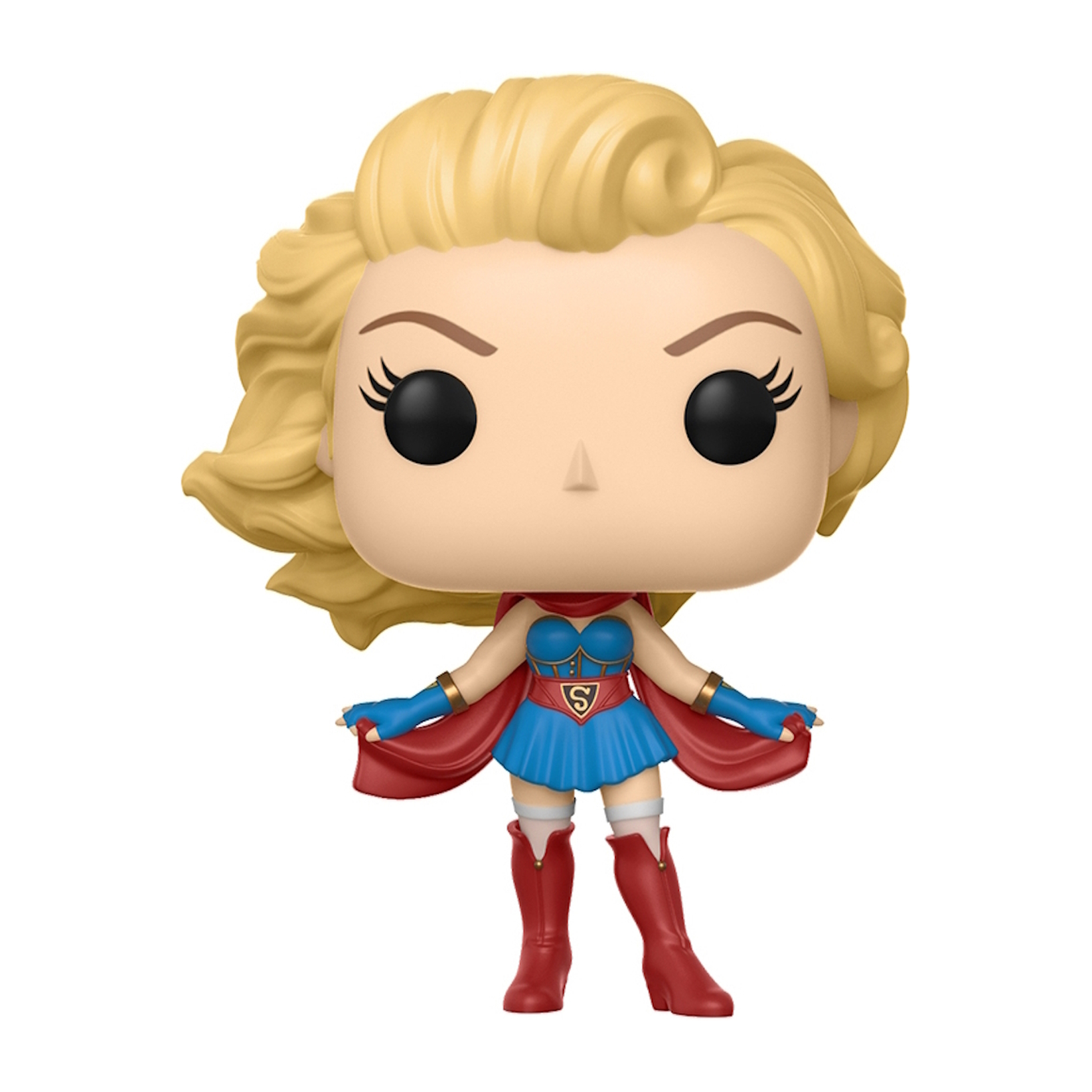 Eine Funko Pop Figur von Supergirl, mit blonden Haaren, einem blauen Rock und einem roten Umhang.