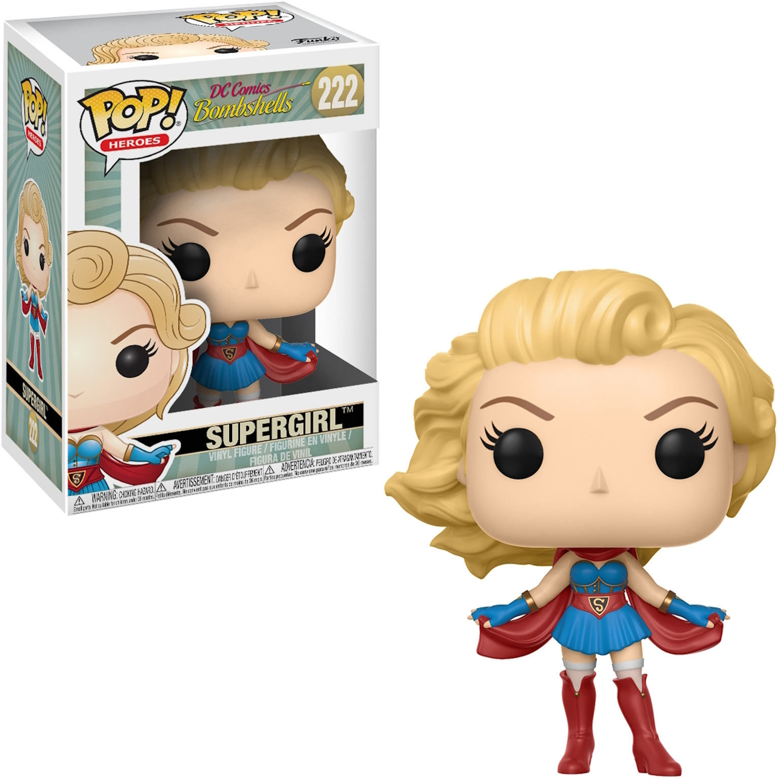 Supergirl Funko Pop Figur, in der Box und aus der Box, mit blonden Haaren, rotem Umhang und blauem Outfit.