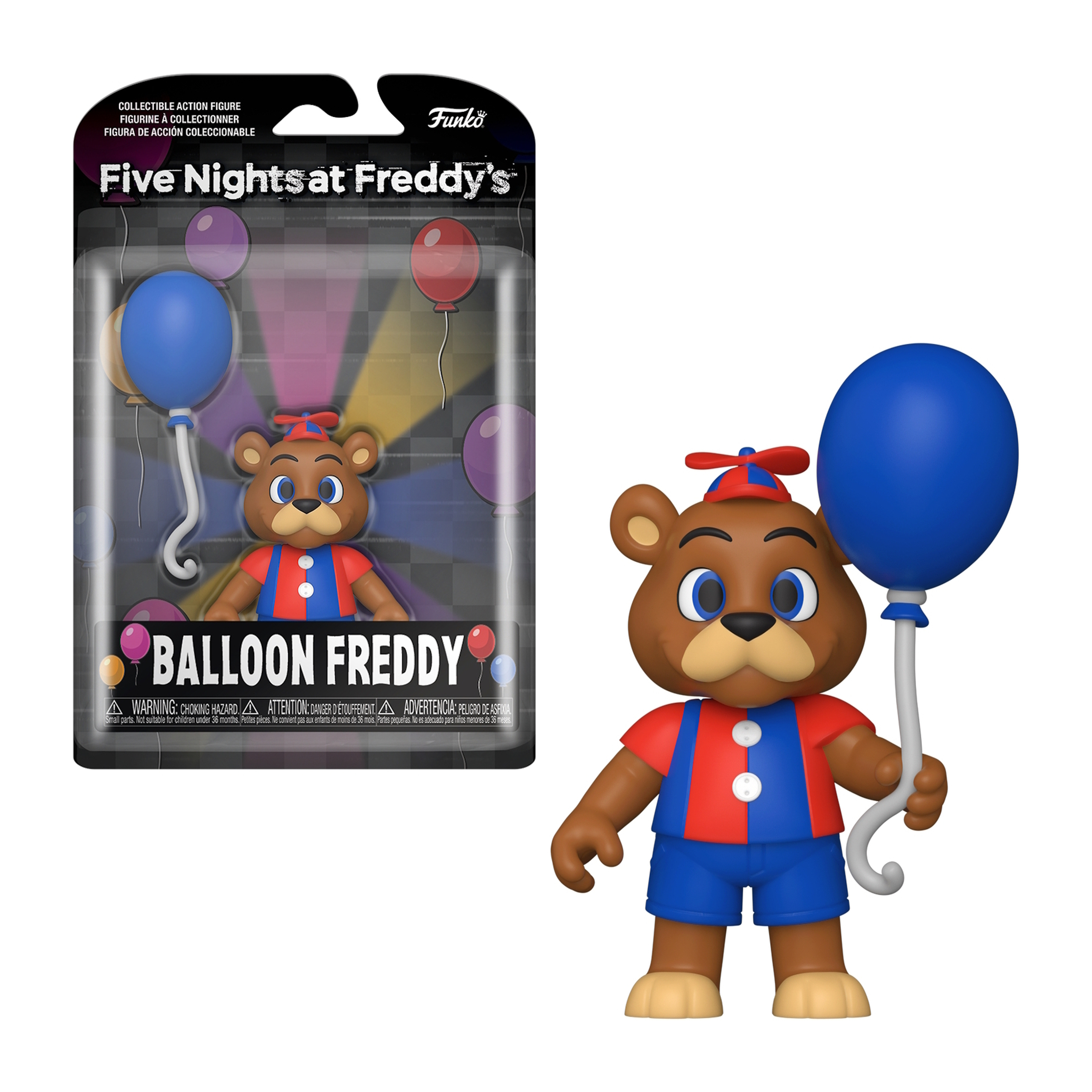 Eine Spielfigur von Balloon Freddy aus Five Nights at Freddy's. Er hält einen blauen Ballon.
