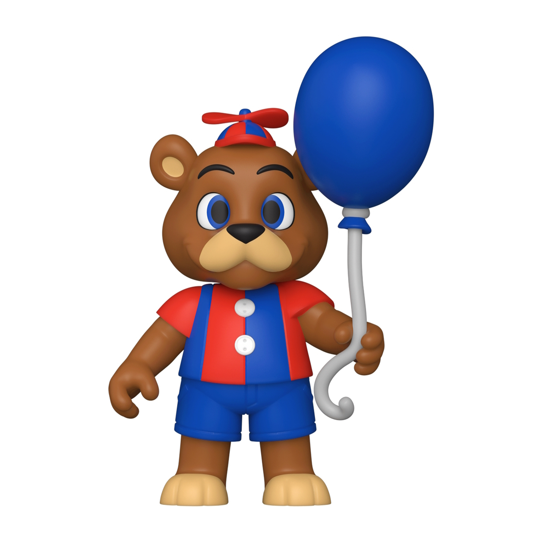 Ein Cartoon-Bär, der einen blauen Ballon hält. Der Bär hat ein rot-blaues Outfit.
