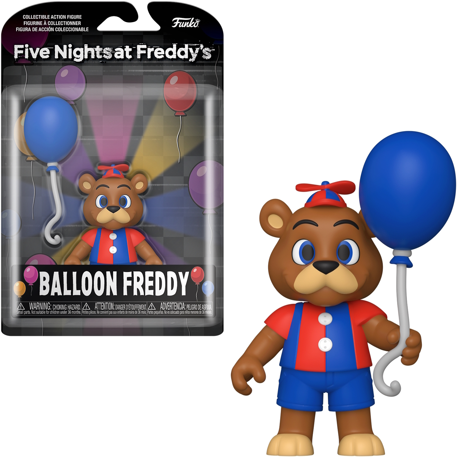 Funko Pop Figur eines braunen Bären mit blauem Ballon, blau-roter Kleidung.