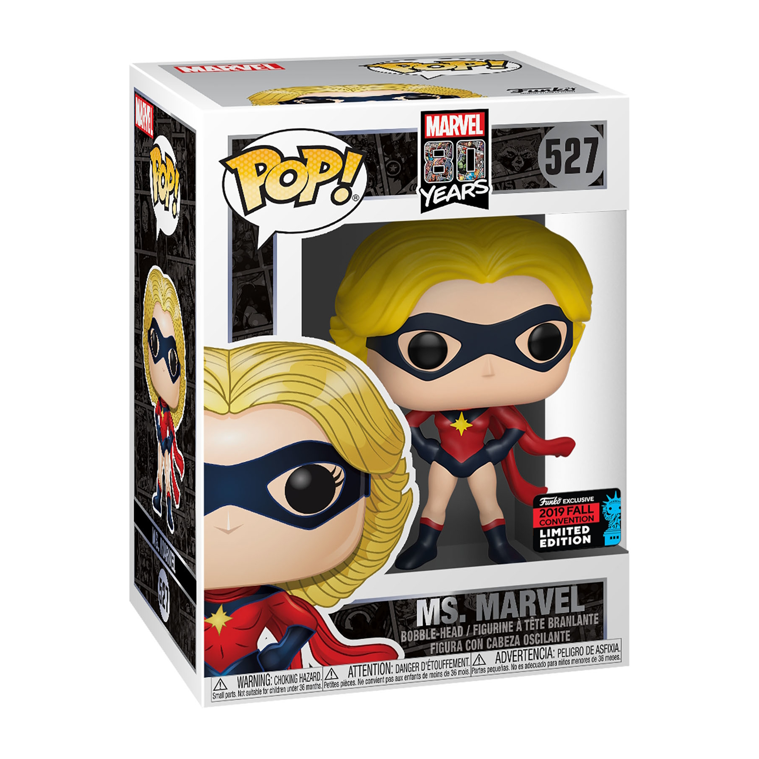 Ms. Marvel Pop! Marvel Figur in einer Box, gelbe Haare, roter Anzug, mit Funko Aufkleber.