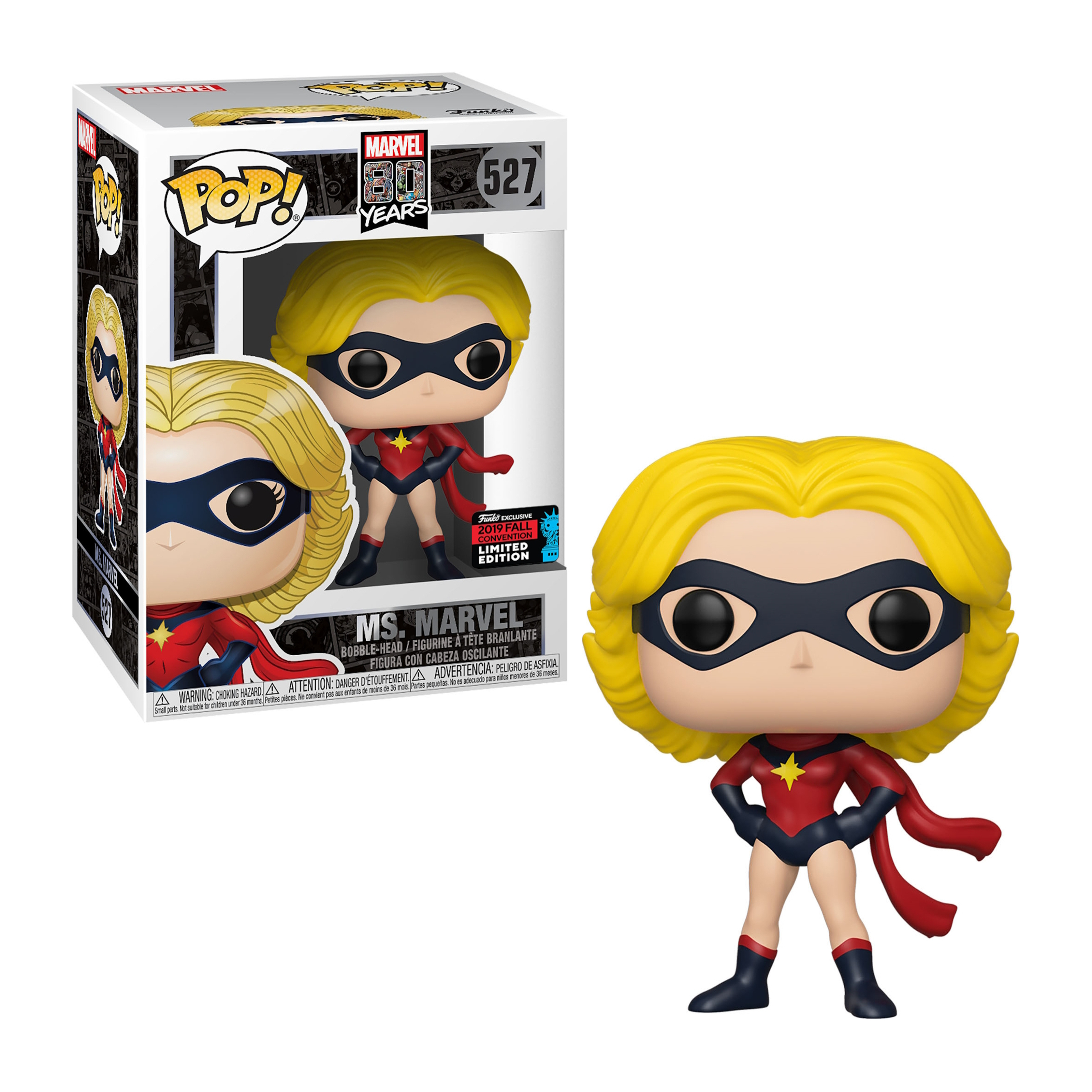 Ms. Marvel Funko Pop Figur. Gelbes Haar, schwarze Maske, roter und blauer Anzug. Die Box zeigt die Figur.