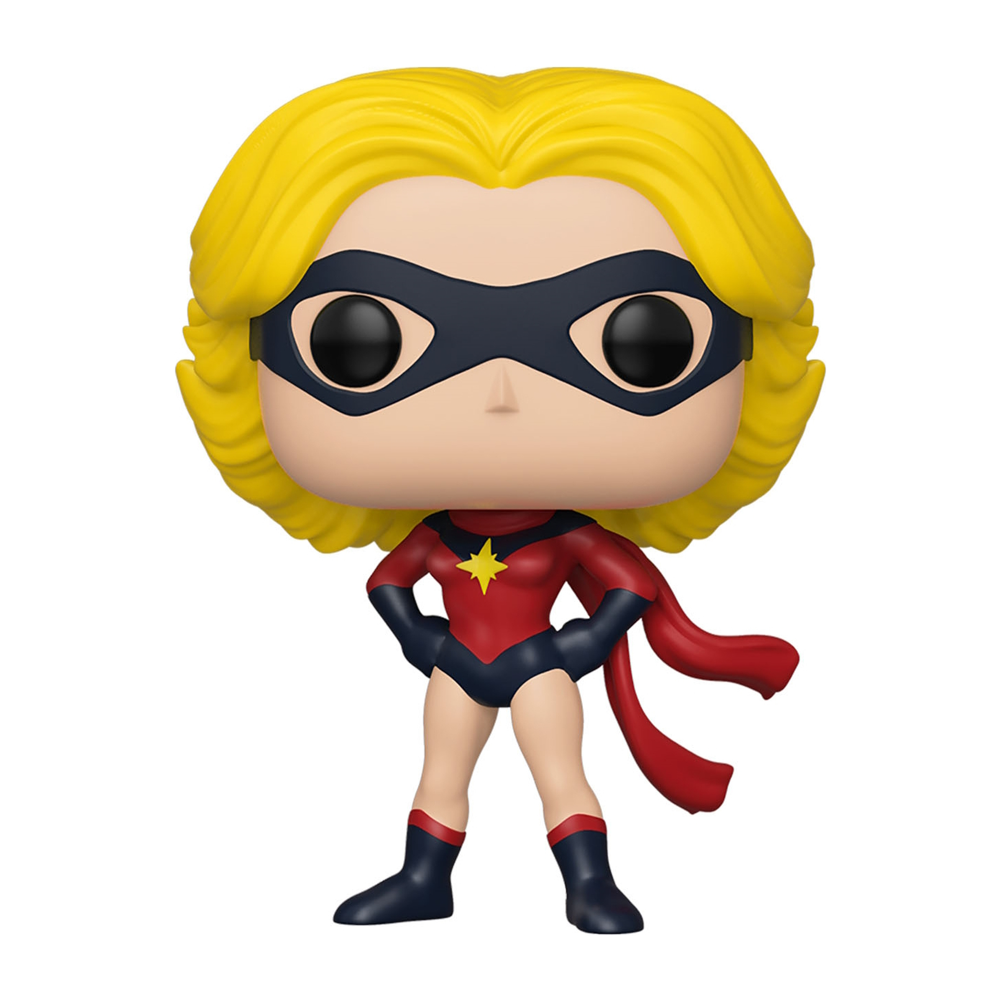 Ms. Marvel Funko Pop Figur. Gelbes Haar, schwarze Maske, roter und blauer Anzug.