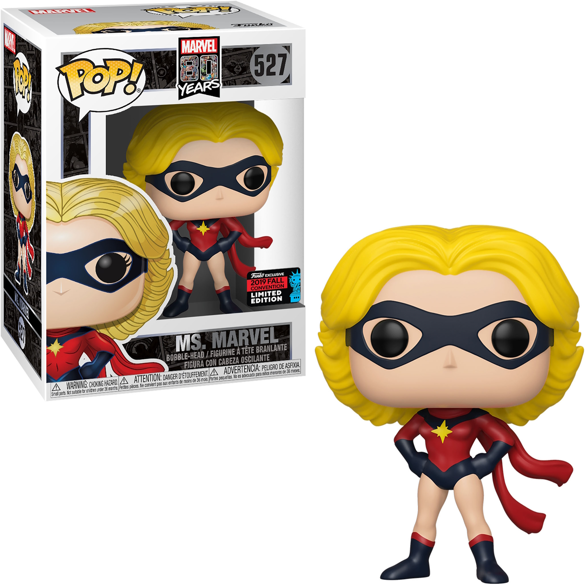Ms. Marvel Funko Pop Figur. Blondes Haar, schwarze Maske, roter Anzug. Weißer Hintergrund.