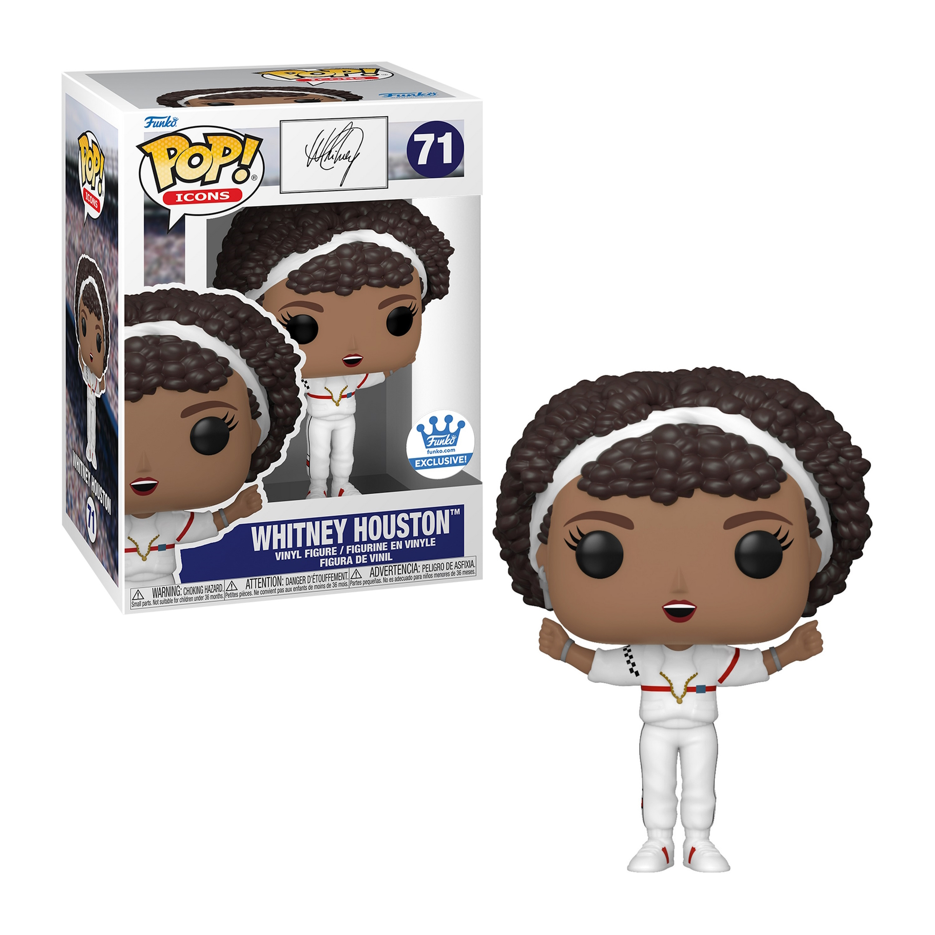 Whitney Houston Figur mit einer Box. Sie trägt ein weißes Outfit und hat die Arme oben.
