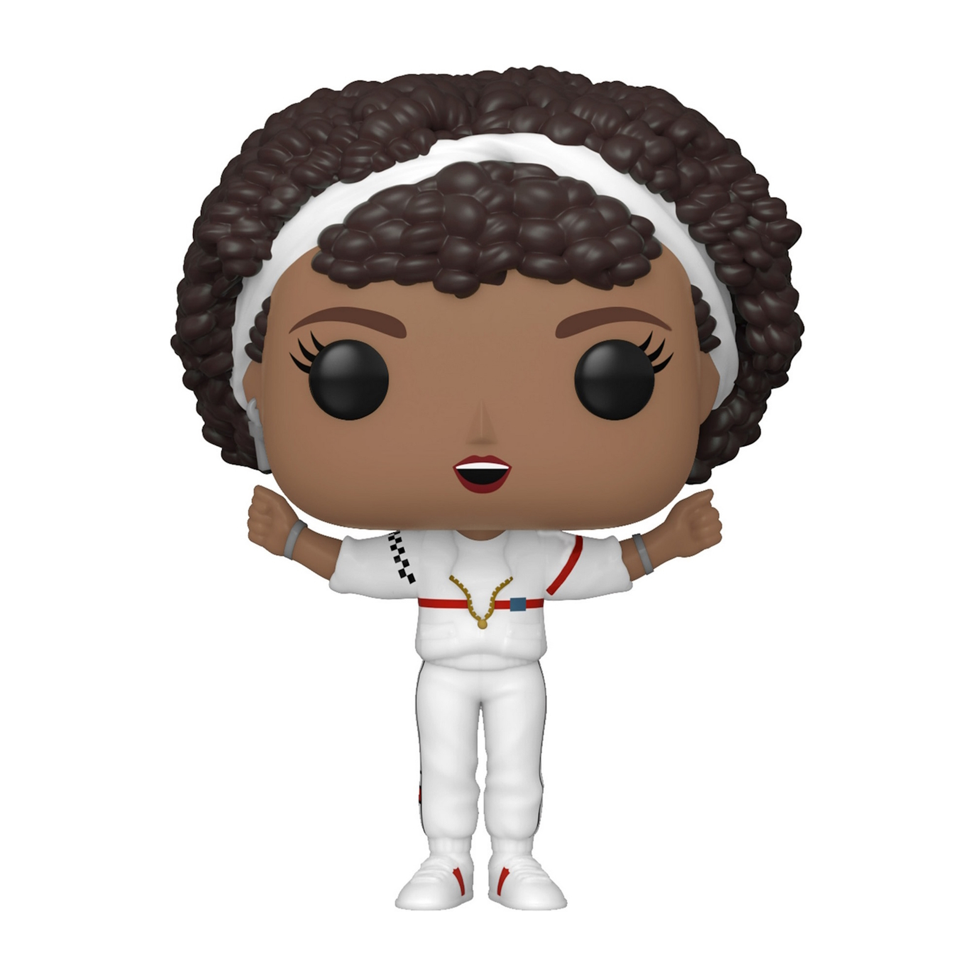 Eine Funko Pop Figur einer Frau in einem weißen Overall. Sie hat lockiges Haar, Arme erhoben und einen fröhlichen Ausdruck.