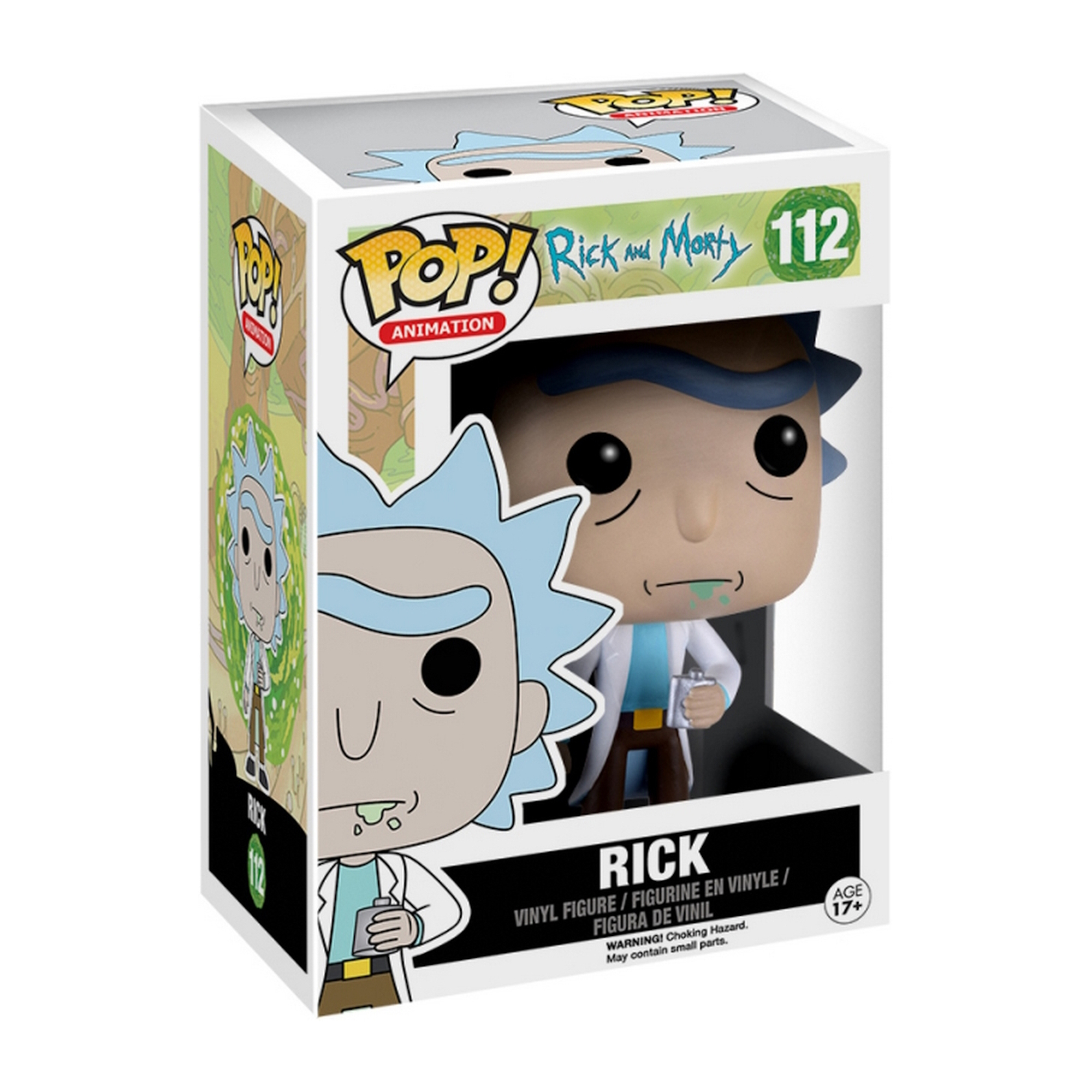 Rick-Pop-Figur in der Box. Blaue Haare, weißer Mantel, hält ein Getränk. Auf der Box steht 'Rick and Morty'.