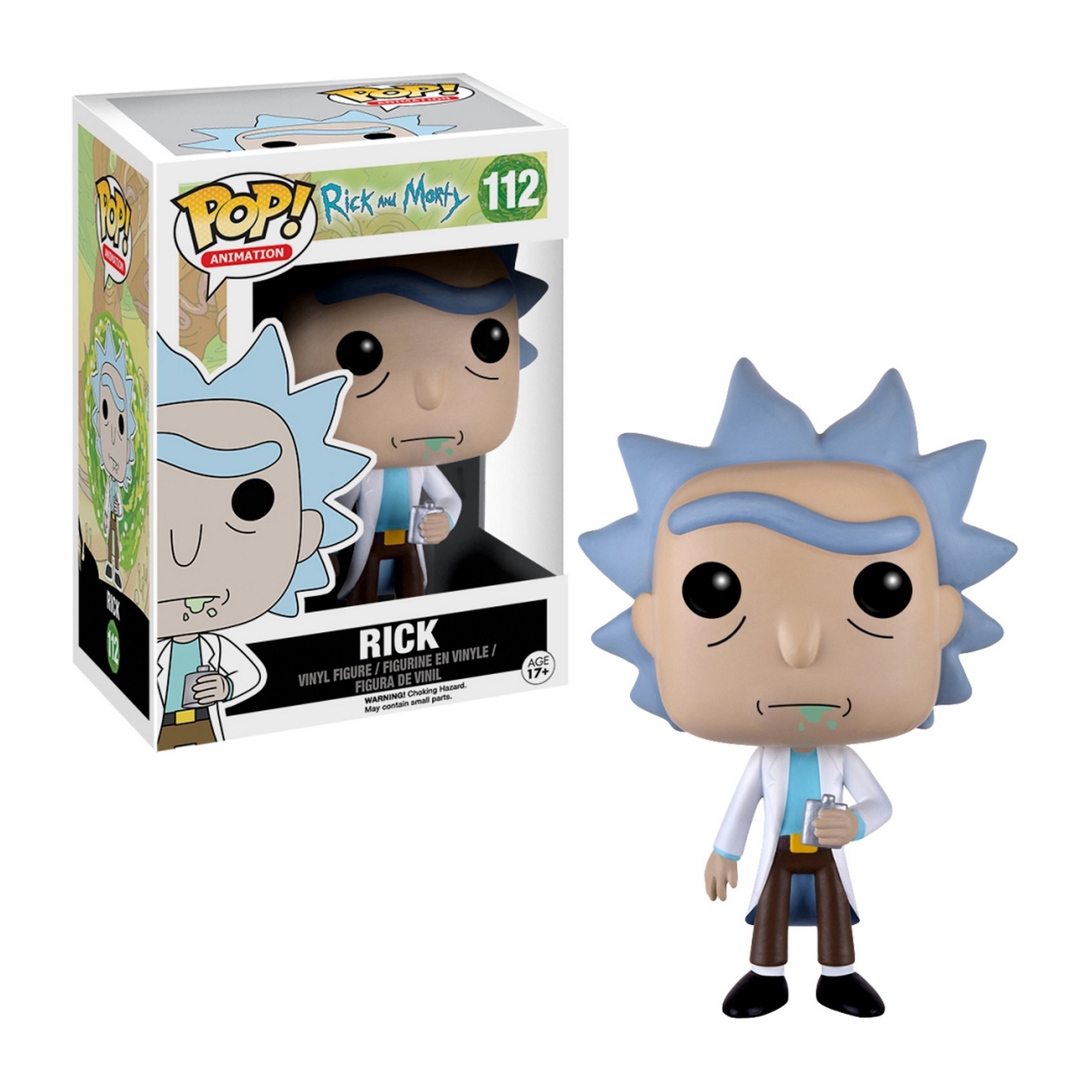 Rick von Rick and Morty Figur. Er hat blaue Haare, einen weißen Mantel und grünen Speichel. Box im Hintergrund.