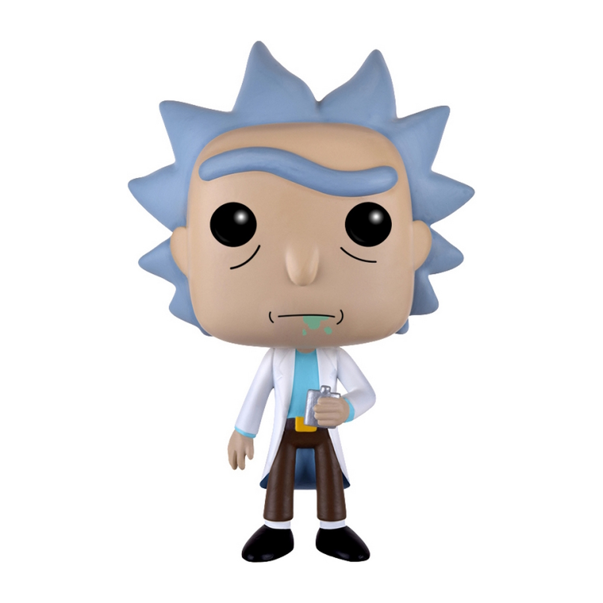 Rick Funko Pop-Figur mit blauen, stacheligen Haaren, hält einen Flachmann, grüner Sabber.