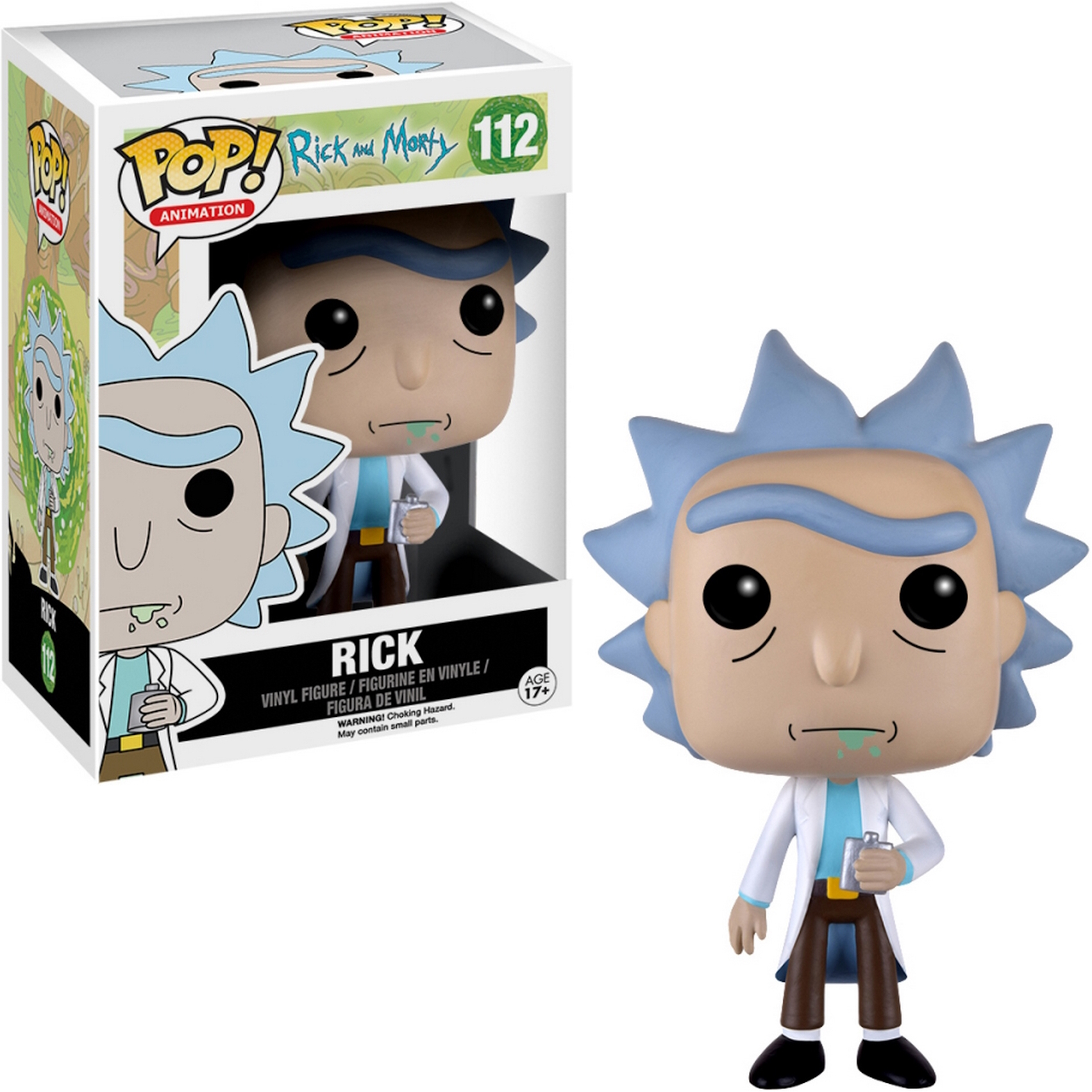 Eine Funko Pop Figur von Rick aus Rick and Morty, mit einer Box daneben.