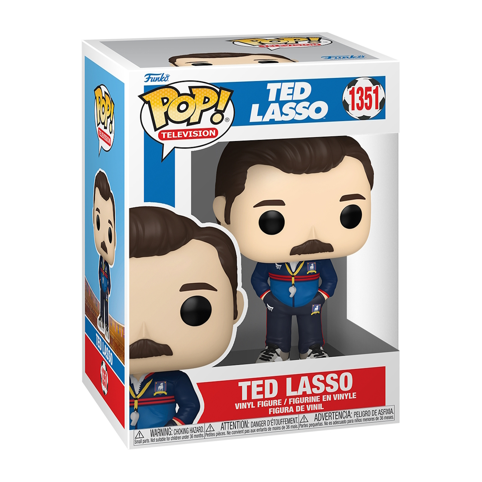 Ted Lasso Funko Pop! Figur in Box. Braune Haare, blauer Trainingsanzug, Trillerpfeife, in Box.